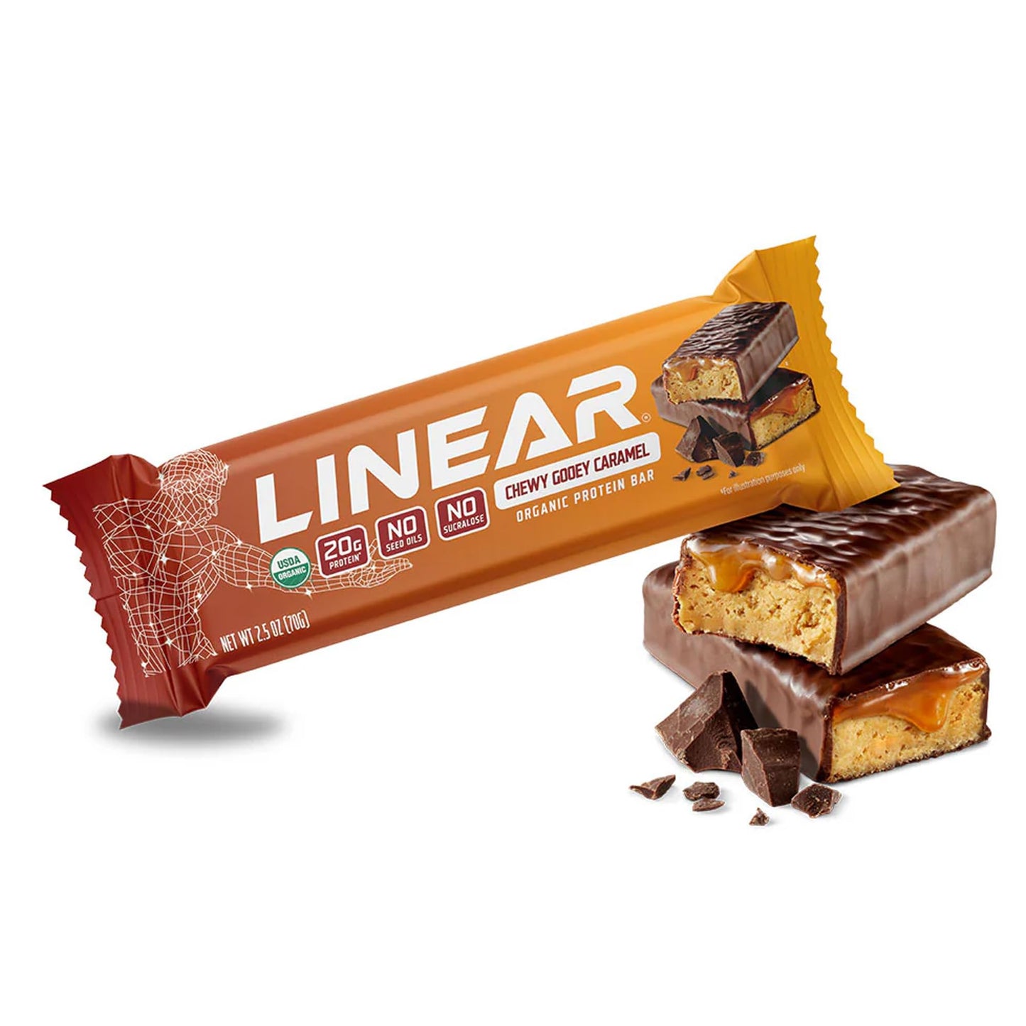 Linear Protein Bar Chewy Gooey Caramel, 20g Organic Whey Protein Bars, 10g Fiber, No Seed Oils, No Sucralose, USDA Organic, Gluten Free, 12 Pack