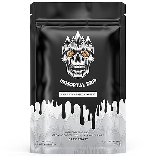 Shilajit Coffee - Immortal Drip, Organic Dark Roast Ground Coffee, Himalayan Shilajit-Infused, High-Caffeine, Vitamins - Fulvic Acid & 85+ Minerals
