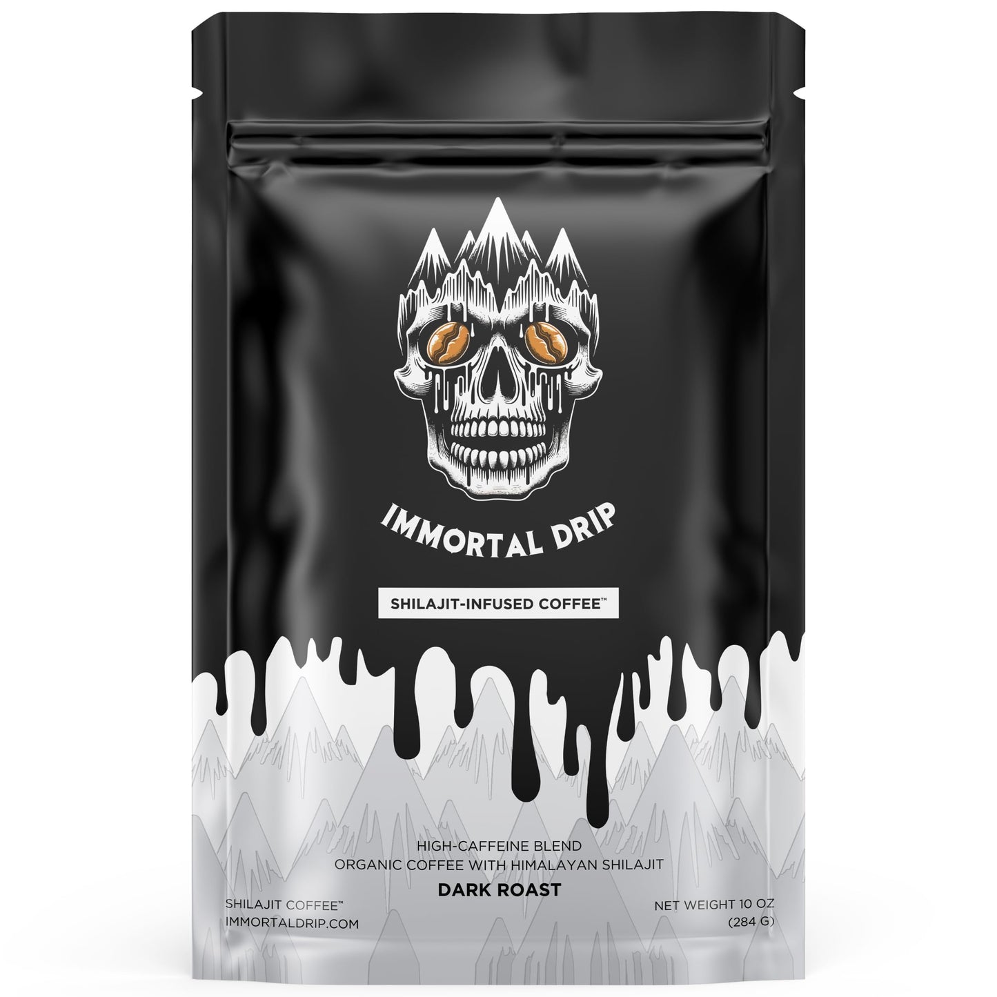 Shilajit Coffee - Immortal Drip, Organic Dark Roast Ground Coffee, Himalayan Shilajit-Infused, High-Caffeine, Vitamins - Fulvic Acid & 85+ Minerals