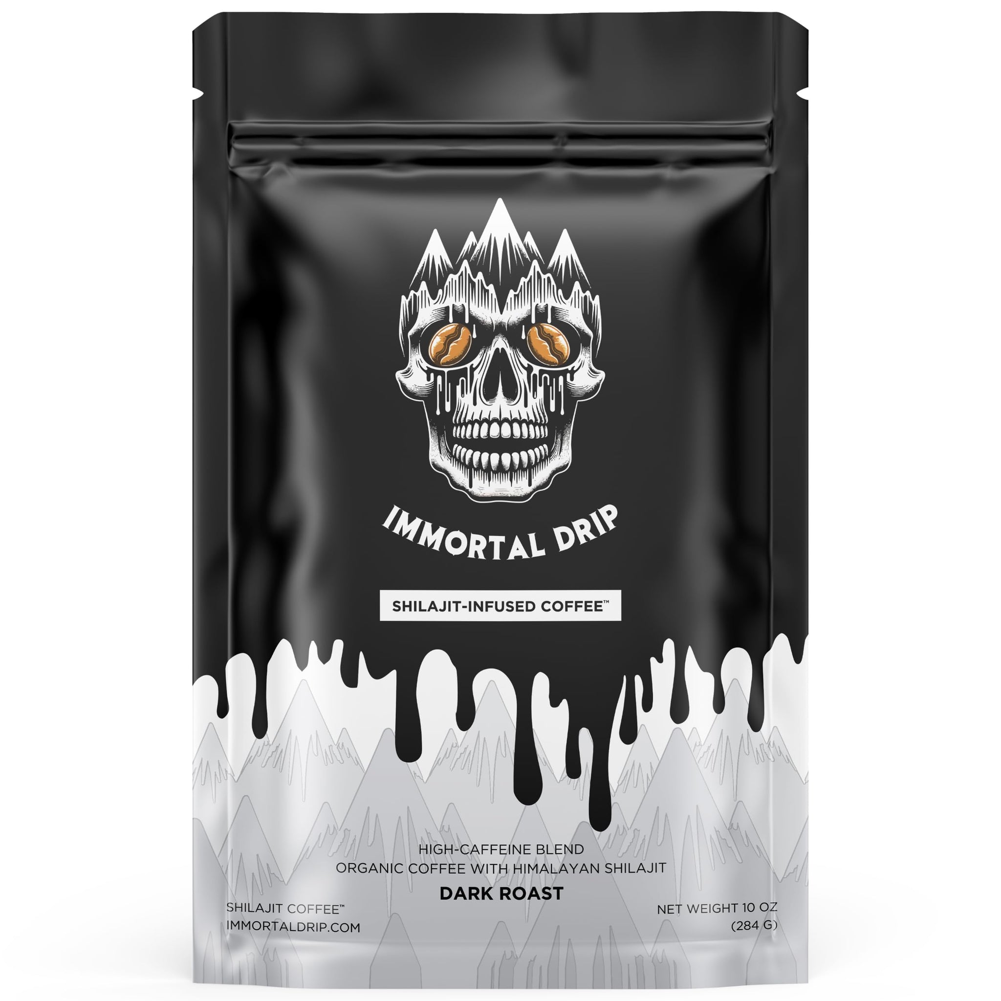 Shilajit Coffee - Immortal Drip, Organic Dark Roast Ground Coffee, Himalayan Shilajit-Infused, High-Caffeine, Vitamins - Fulvic Acid & 85+ Minerals