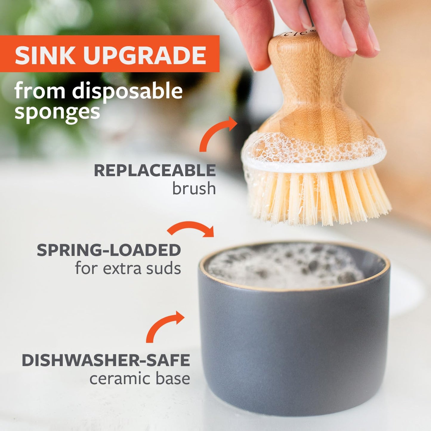 Full Circle Bubble Up Bamboo Dish Brush & Ceramic Soap Dispenser - Family Safe, Formaldehyde-Free - Kitchen Scrub Brush for Dishes, Nonstick & Cast