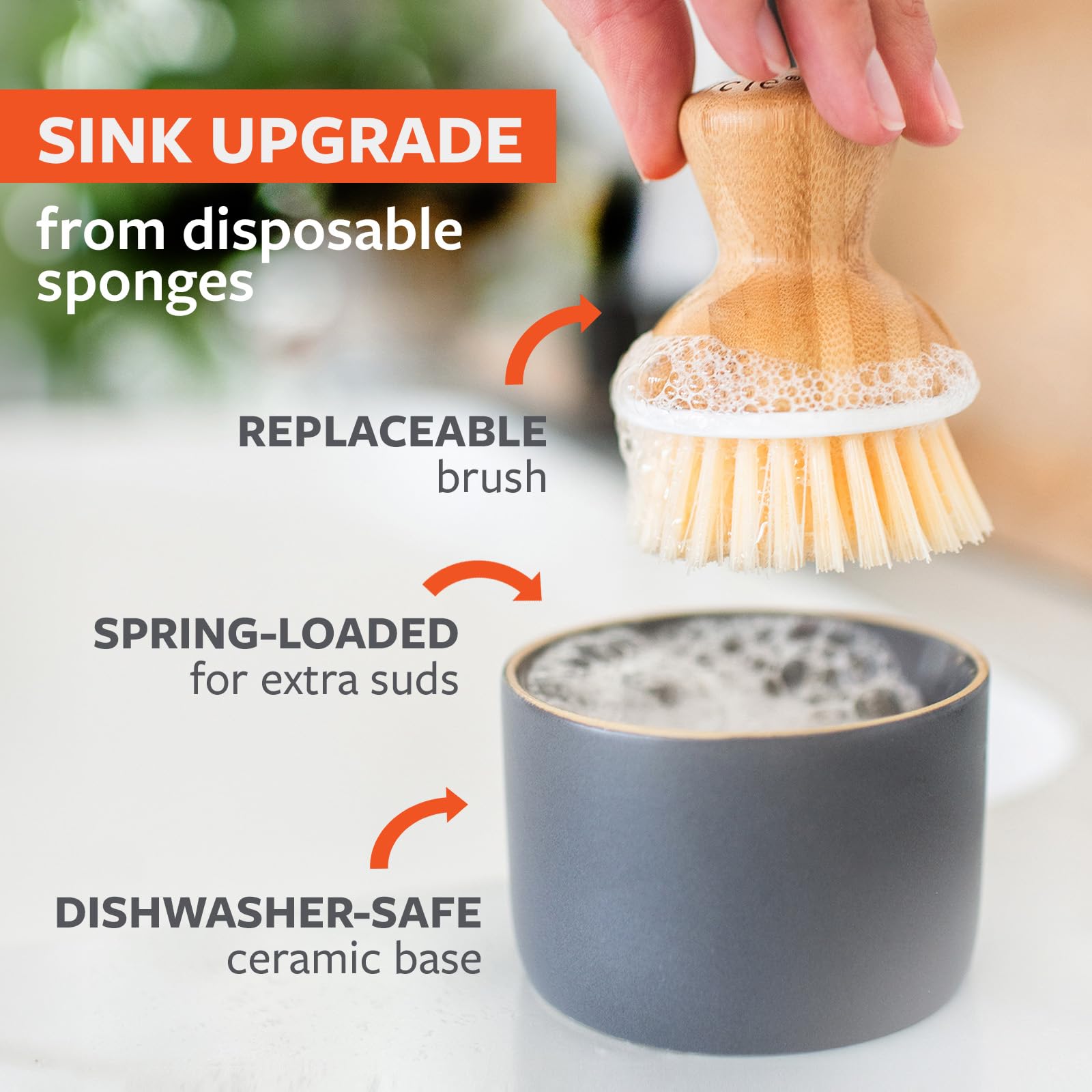 Full Circle Bubble Up Bamboo Dish Brush & Ceramic Soap Dispenser - Family Safe, Formaldehyde-Free - Kitchen Scrub Brush for Dishes, Nonstick & Cast