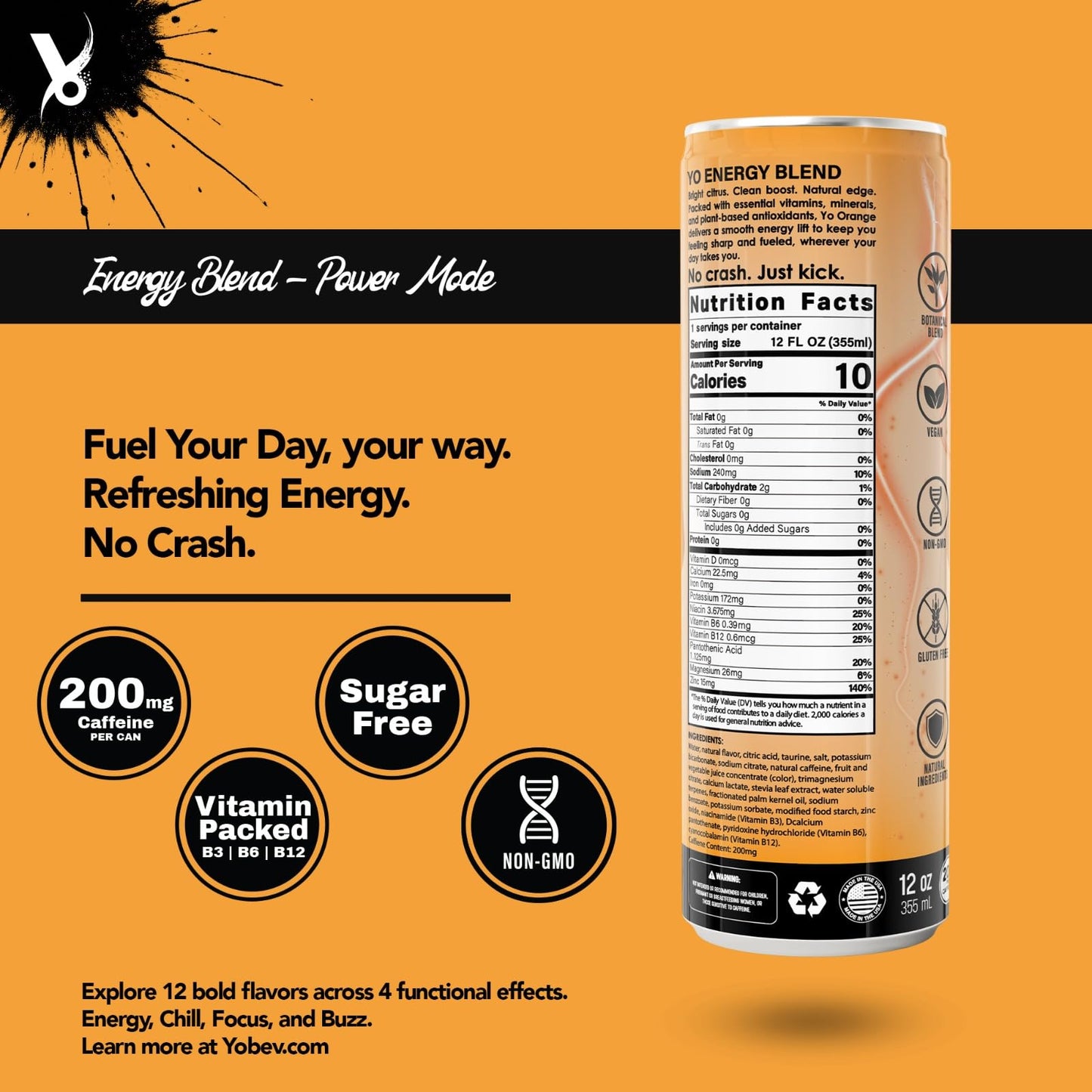 Yo Beverage Energy Drink - 200mg of Natural Caffeine, Taurine, Adaptogenic Botanicals & Vitimans - Zero Sugar, Vegan, Gluten-Free Focus & Perfomance