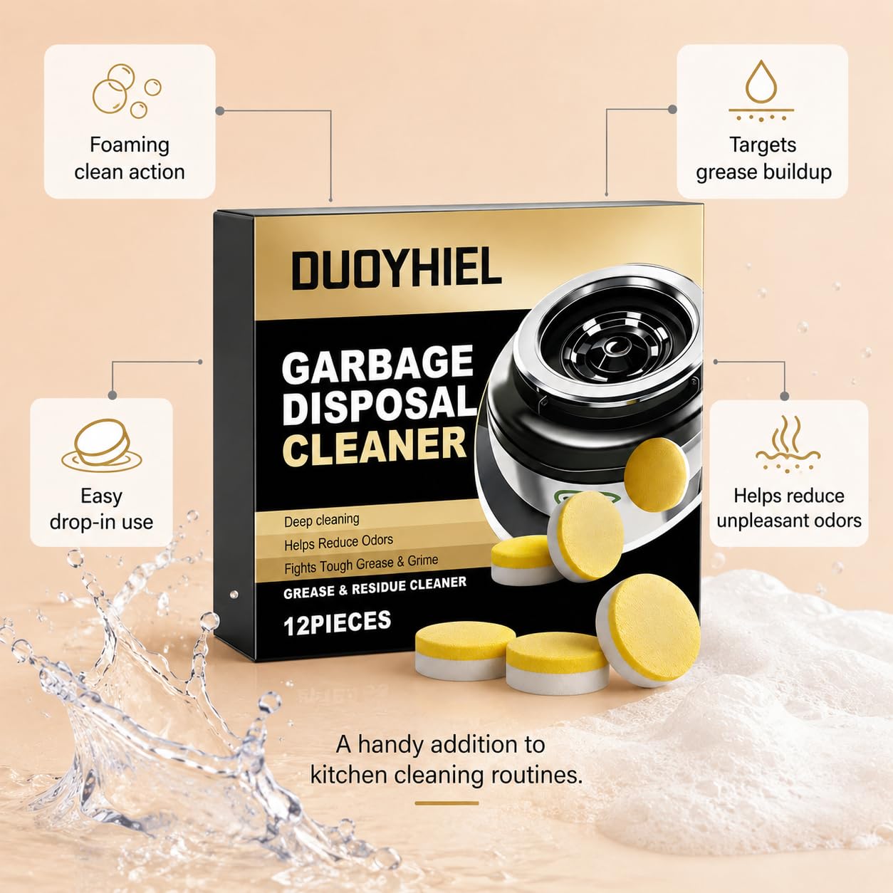Garbage Disposal Cleaner and Deodorizer Tablets, 12 Pack Foaming Sink Disposal Cleaner, Kitchen Sink Cleaner Tablets for Odor, Grease & Food Residue