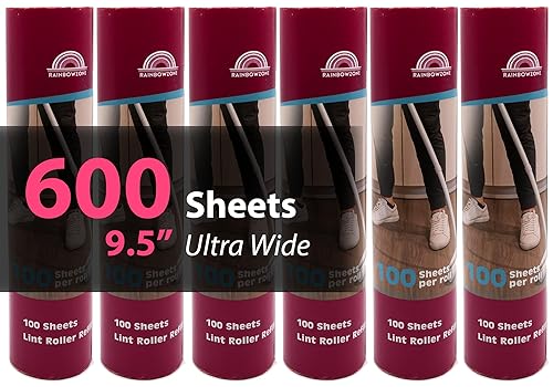 RainbowZone 6 Rolls of 9.5'' Extra Wide Large Lint Roller Refills. Total 600 Extra Sticky Adhesive Peel Sheets (100 Sheet per roll) for Pet Hair