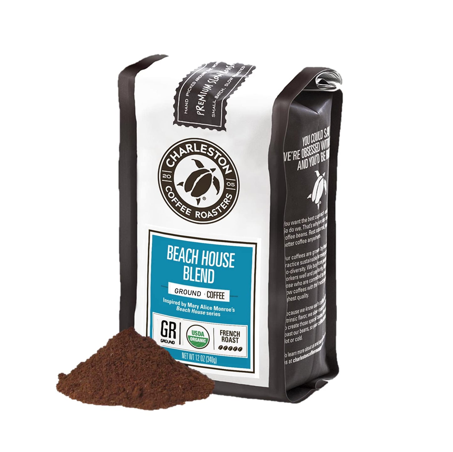 Charleston Coffee Roasters | Specialty Organic Ground Coffee | Hand Picked, Premium Slow Roast (Beach House Blend, Dark Roast) 12 Oz