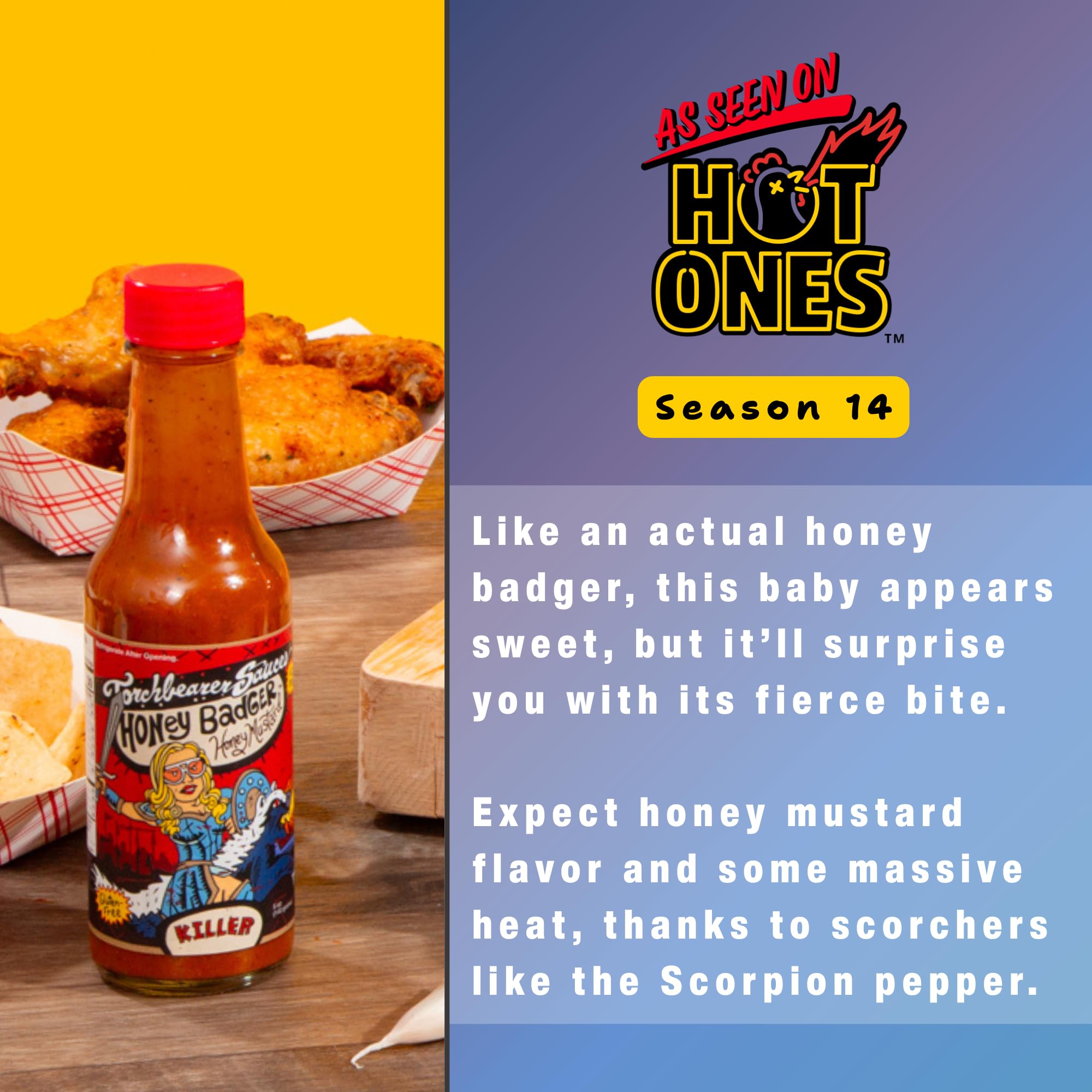 Torchbearer Sauces Honey Badger Hot Sauce 5oz, Scorpion and Carolina Reaper Peppers Sauce, Heat level 8 - Featured on Hot Ones - All Natural