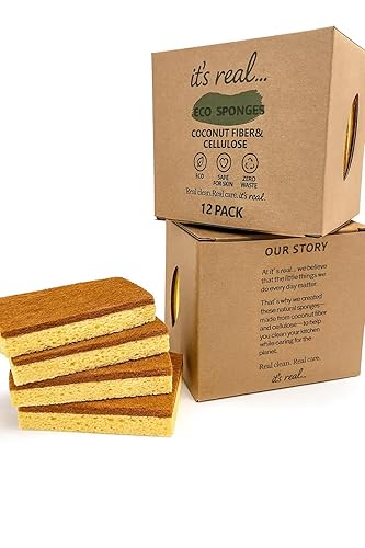 Eco Sponges - Coconut & Cellulose Kitchen Sponges, Biodegradable, Compostable, Plastic-Free Cleaning Scrubbers (12 Pack)