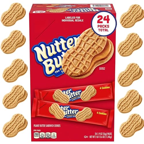 Nutter Butter Cookies - Classic Peanut Butter Sandwich Cookies, 24 Pack - Individual Packs for Snack Lovers, Crunchy Peanut Butter Flavor, Perfect