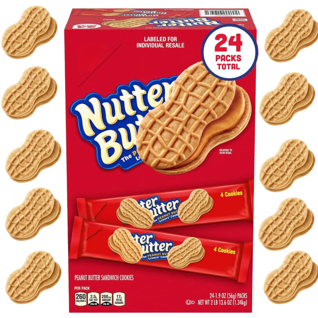 Nutter Butter Cookies - Classic Peanut Butter Sandwich Cookies, 24 Pack - Individual Packs for Snack Lovers, Crunchy Peanut Butter Flavor, Perfect