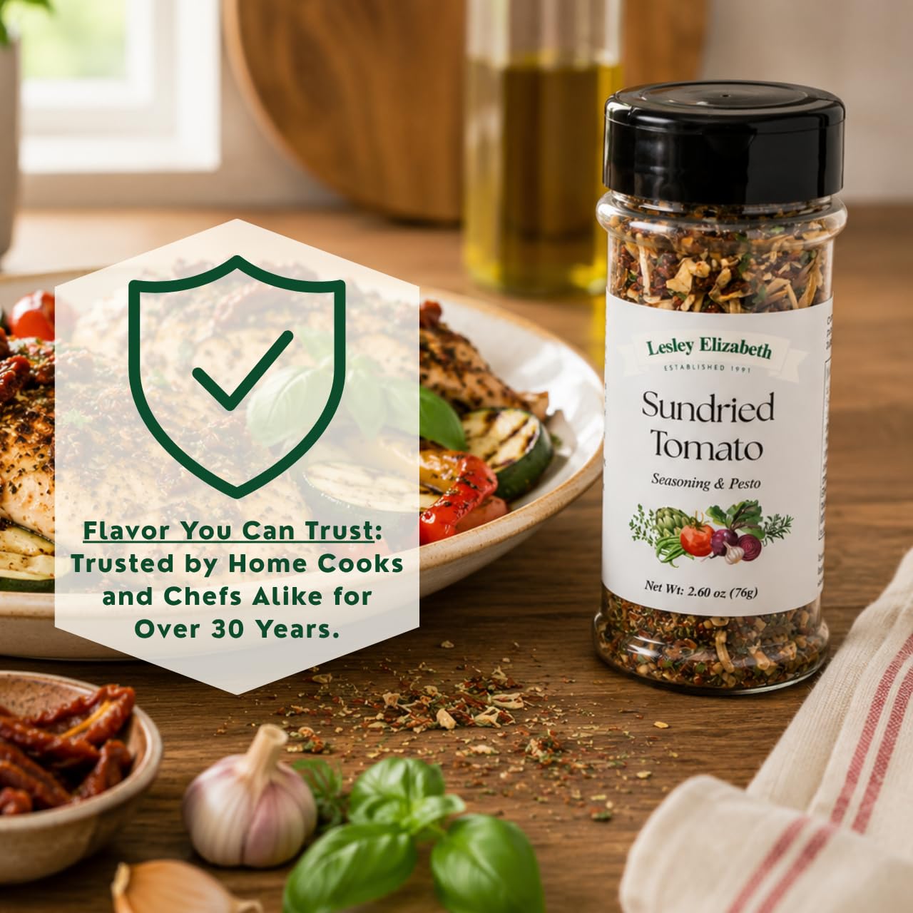 Lesley Elizabeth Sundried Tomato Seasoning & Pesto - Gourmet Italian Herb & Tomato Blend for Pasta, Chicken, Vegetables & Sandwiches | All-Purpose