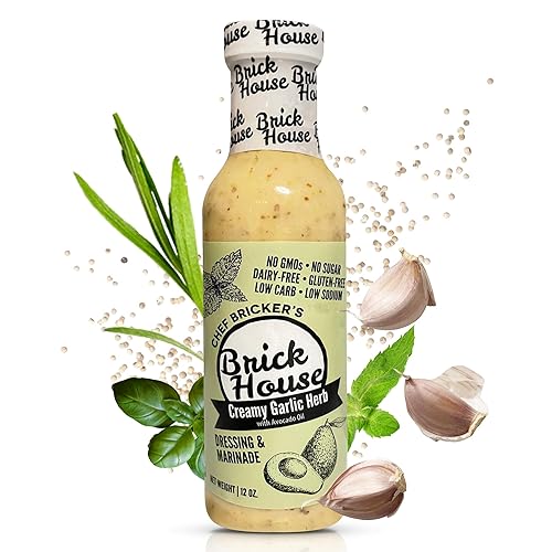 Brick House Creamy Garlic Herb Vinaigrette Dressing & Marinade, 12 oz, Low Sodium, Zero Carb, Dairy Free, Gluten Free, Non-GMO, No Sugar, Keto