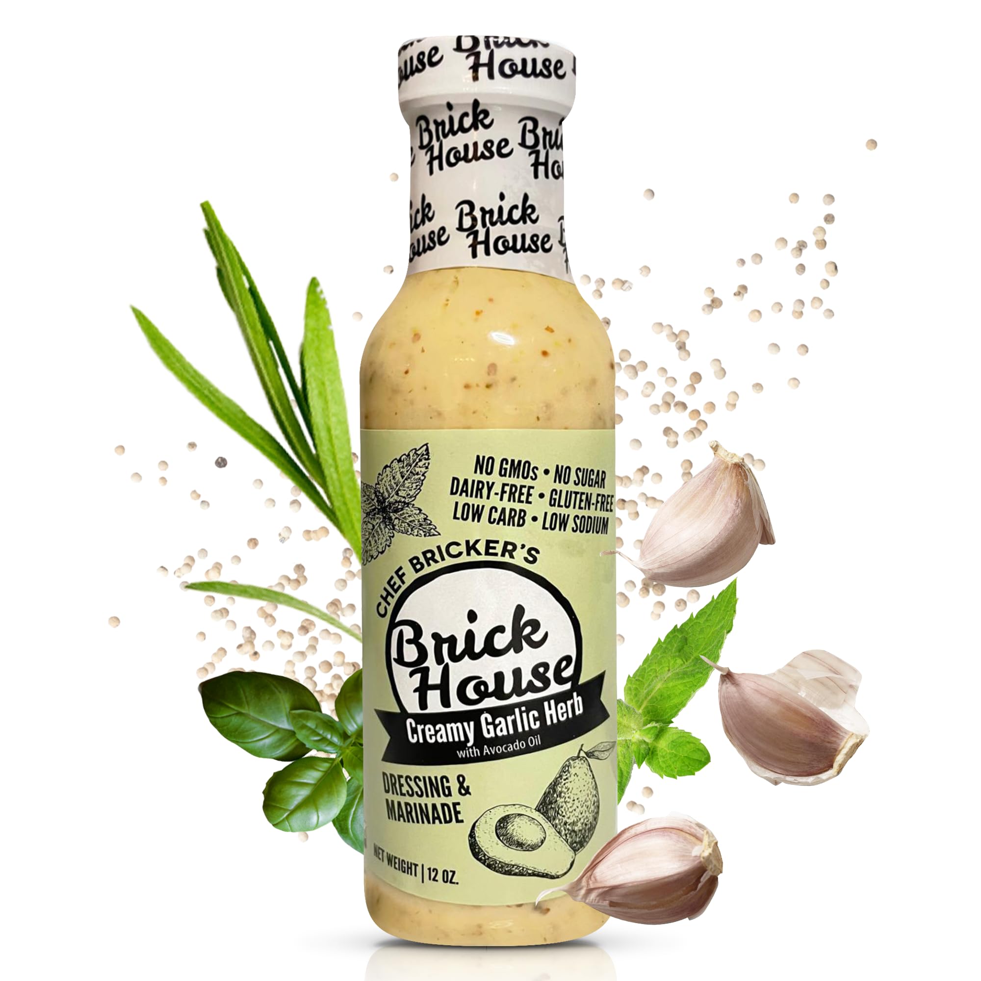 Brick House Creamy Garlic Herb Vinaigrette Dressing & Marinade, 12 oz, Low Sodium, Zero Carb, Dairy Free, Gluten Free, Non-GMO, No Sugar, Keto