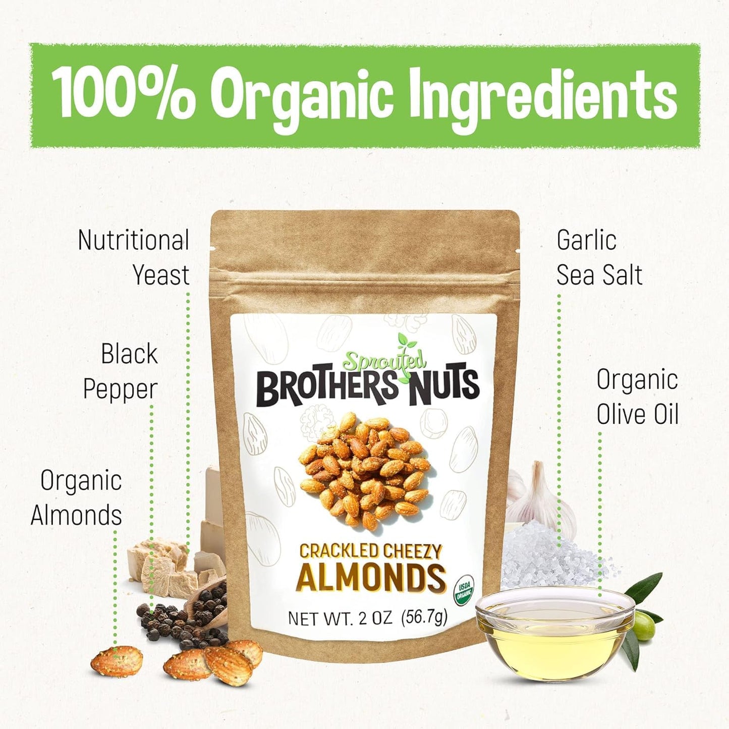 Brothers Nuts Crackled Cheezy Almonds - Organic, Sprouted Almonds - Healthy Keto Snack - Vegan, Gluten-Free, Kosher - No Preservatives - 6 oz