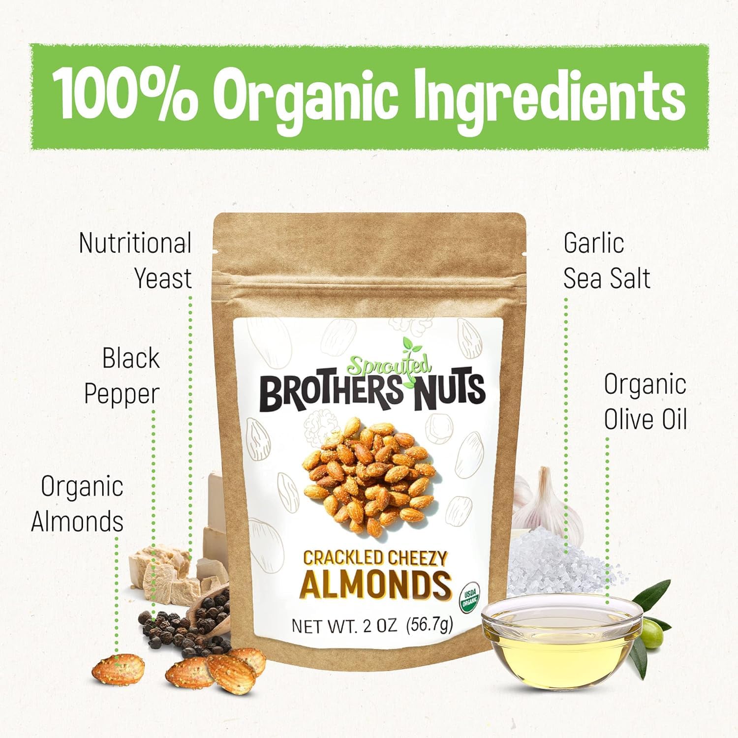 Brothers Nuts Crackled Cheezy Almonds - Organic, Sprouted Almonds - Healthy Keto Snack - Vegan, Gluten-Free, Kosher - No Preservatives - 6 oz