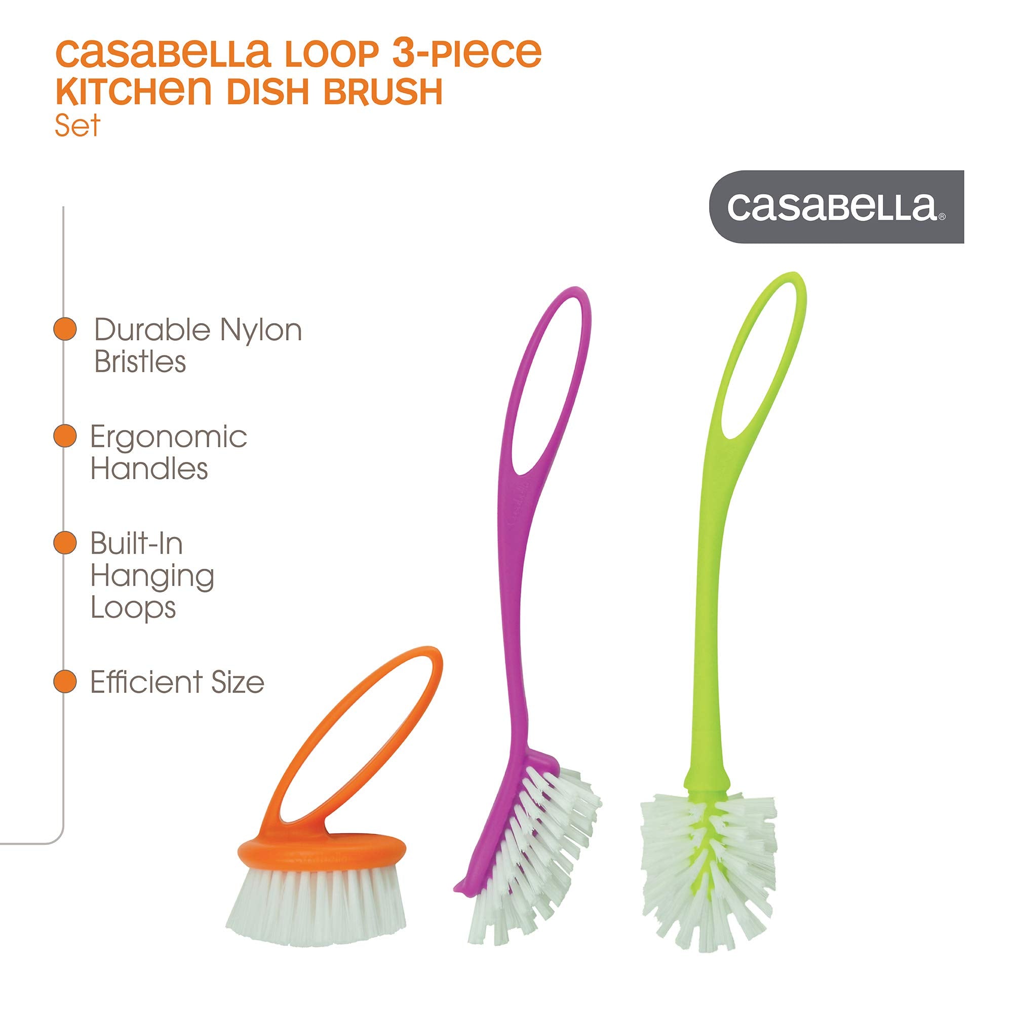 Casabella Loop 3-Piece Dish Brush Set - 15519AZ(Colors May Vary), Red Yellow Purple