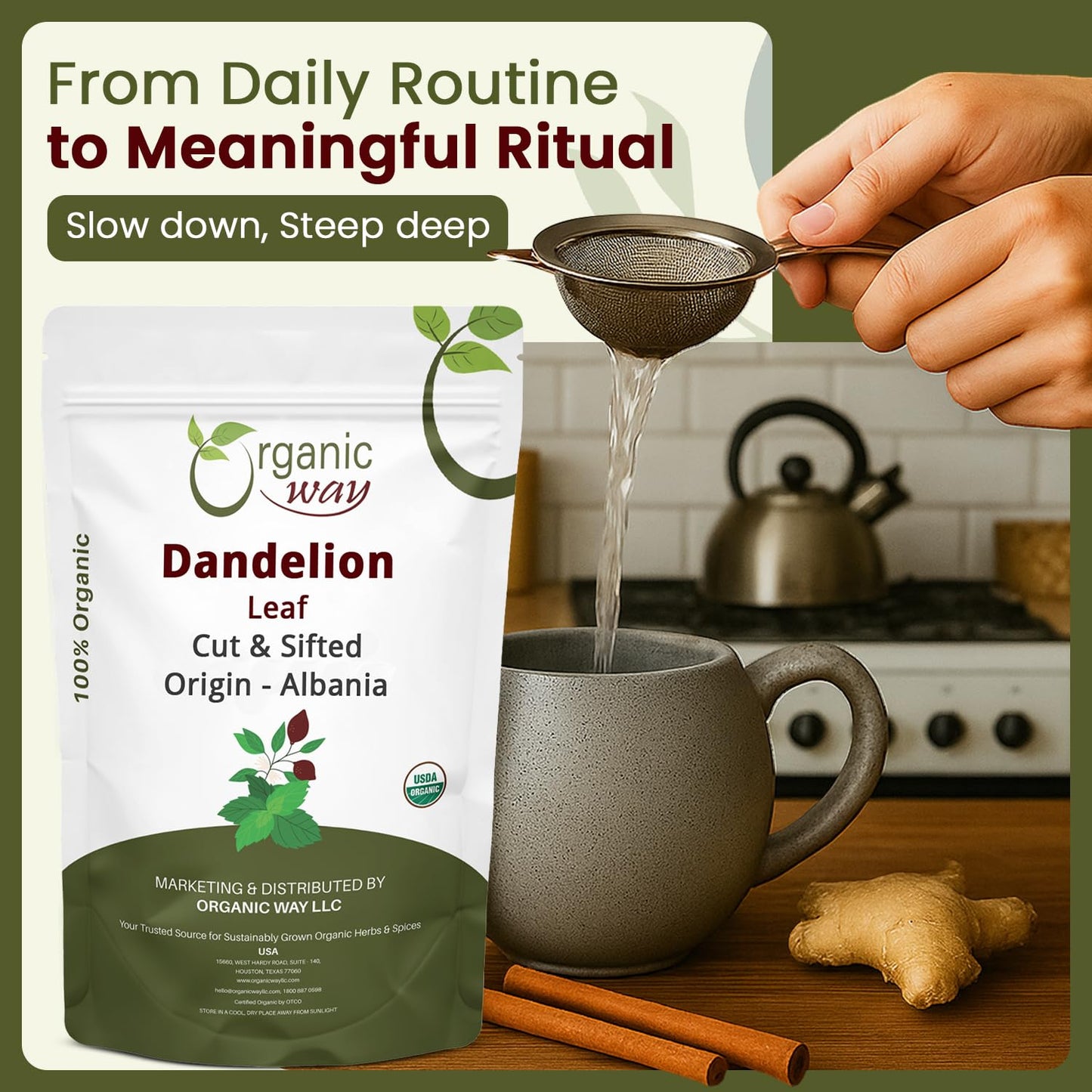 Organic Way Dandelion Leaf (Taraxacum Officinale) Cut & Sifted - Herbal Tea | European Wild-Harvest | Kosher & USDA Certified | Vegan, Non-GMO