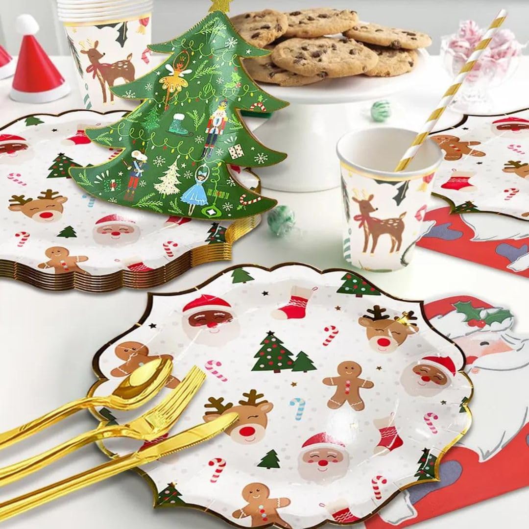 Christmas Disposable Dinnerware Set - Serves 16 - Holiday Party Supplies with Paper Plates, Cups, Napkins, Straws, Gold Cutlery for Christmas, Winter