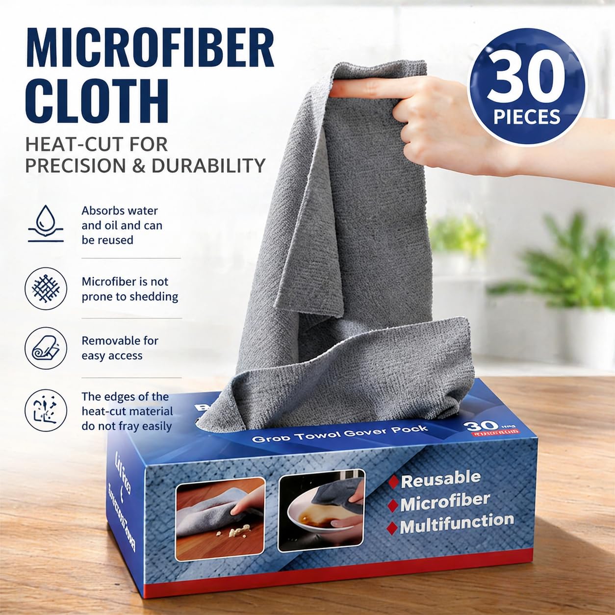 BIBWLD Gray Microfiber Cleaning Cloths, 30 Pack Reusable Washable Microfiber Towels with Dispenser Box, Lint-Free Shop Rags for Car, Automotive, Home