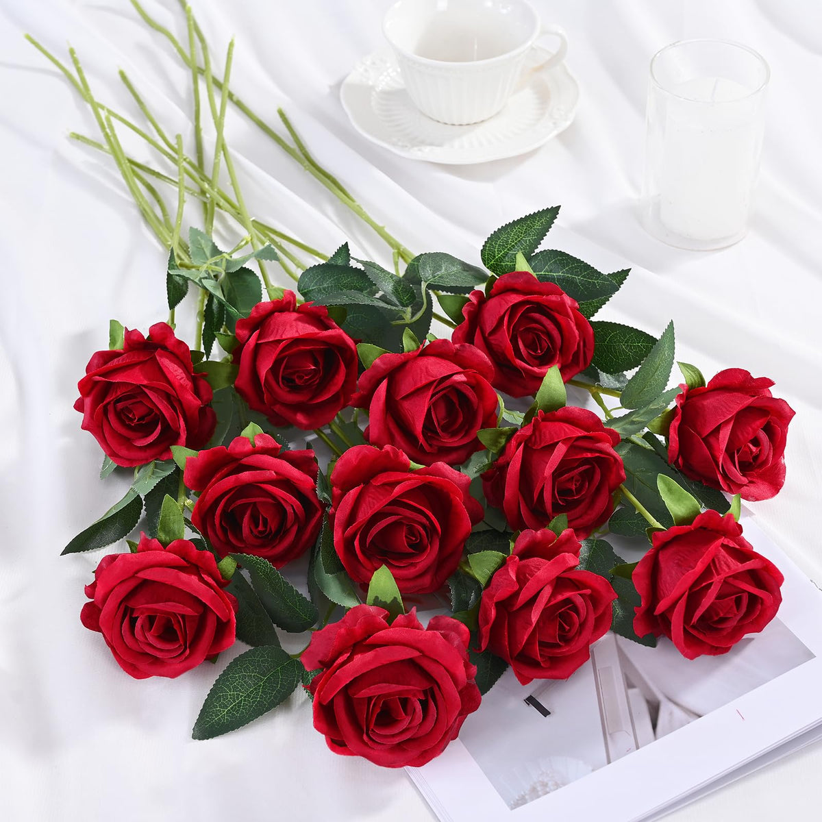 300Pcs Red Roses Artificial Flowers, Realistic Silk Fake Roses Bouquet