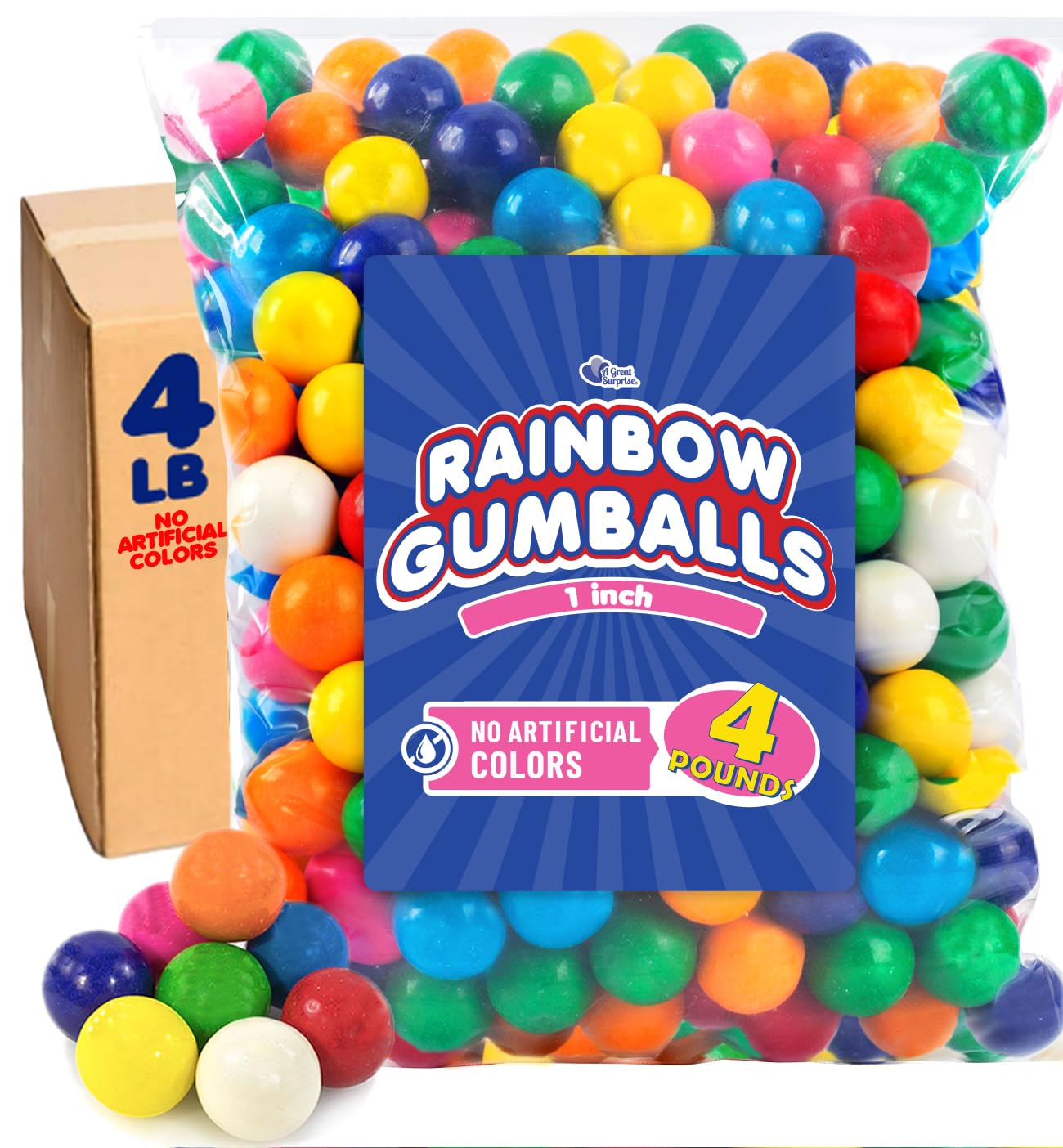 A Great Surprise - 1-Inch Rainbow Gumballs - 4 lb Bulk Bag - No Artificial Dyes - Vibrant Naturally Colored Gumballs for Vending Machines, Candy