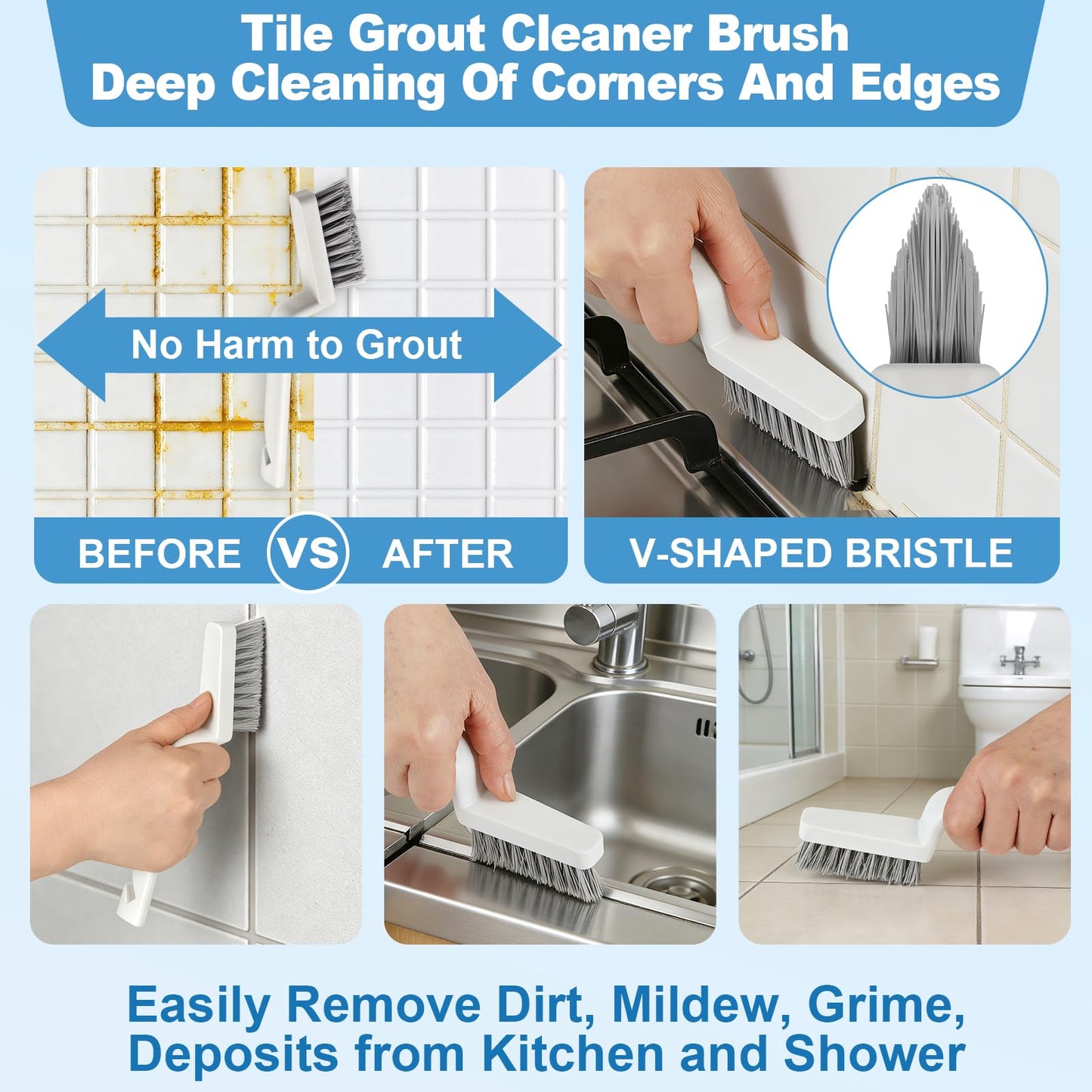 JiedHiur 11Pcs V-Shaped Grout Cleaning Brush Set, with Stiff Bristles Crevice Cleaning Brush and Steel Scraper, Deep Cleaning Supplies for Cleaning