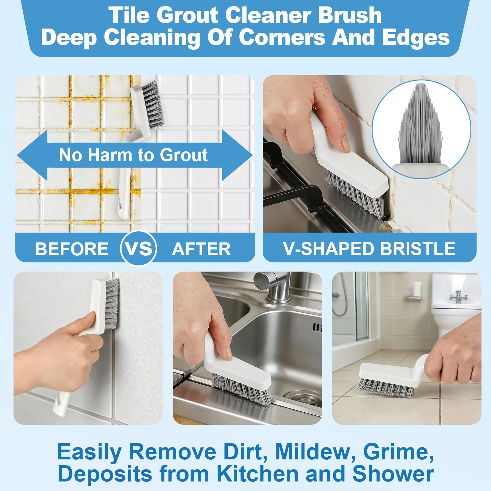 JiedHiur 11Pcs V-Shaped Grout Cleaning Brush Set, with Stiff Bristles Crevice Cleaning Brush and Steel Scraper, Deep Cleaning Supplies for Cleaning