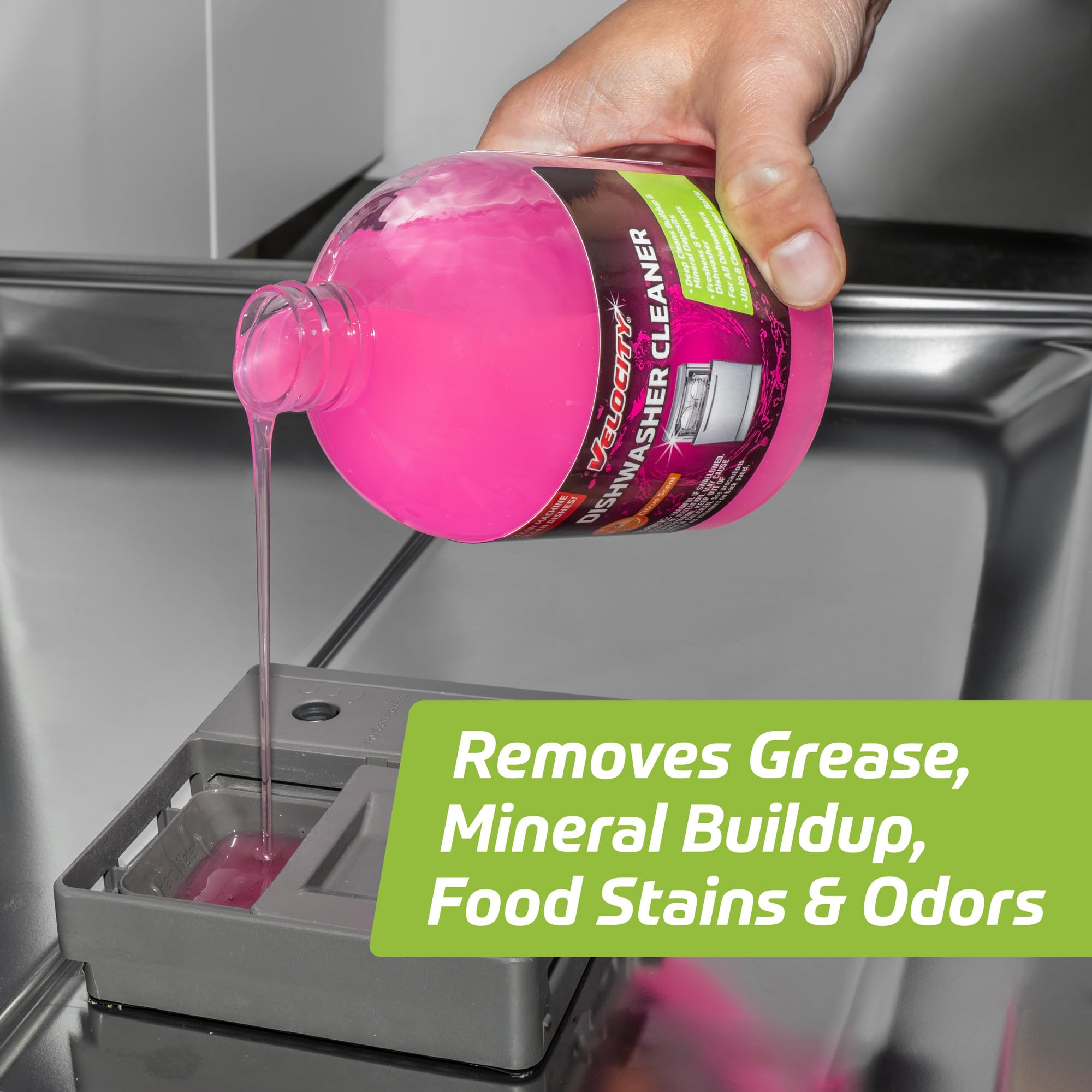 Velocity Dishwasher Cleaner and Deodorizer - 8 Uses Per Bottle. Dishwasher Cleaner and Descaler Deodorizes Interior for Sparkling Dishes, Freshens