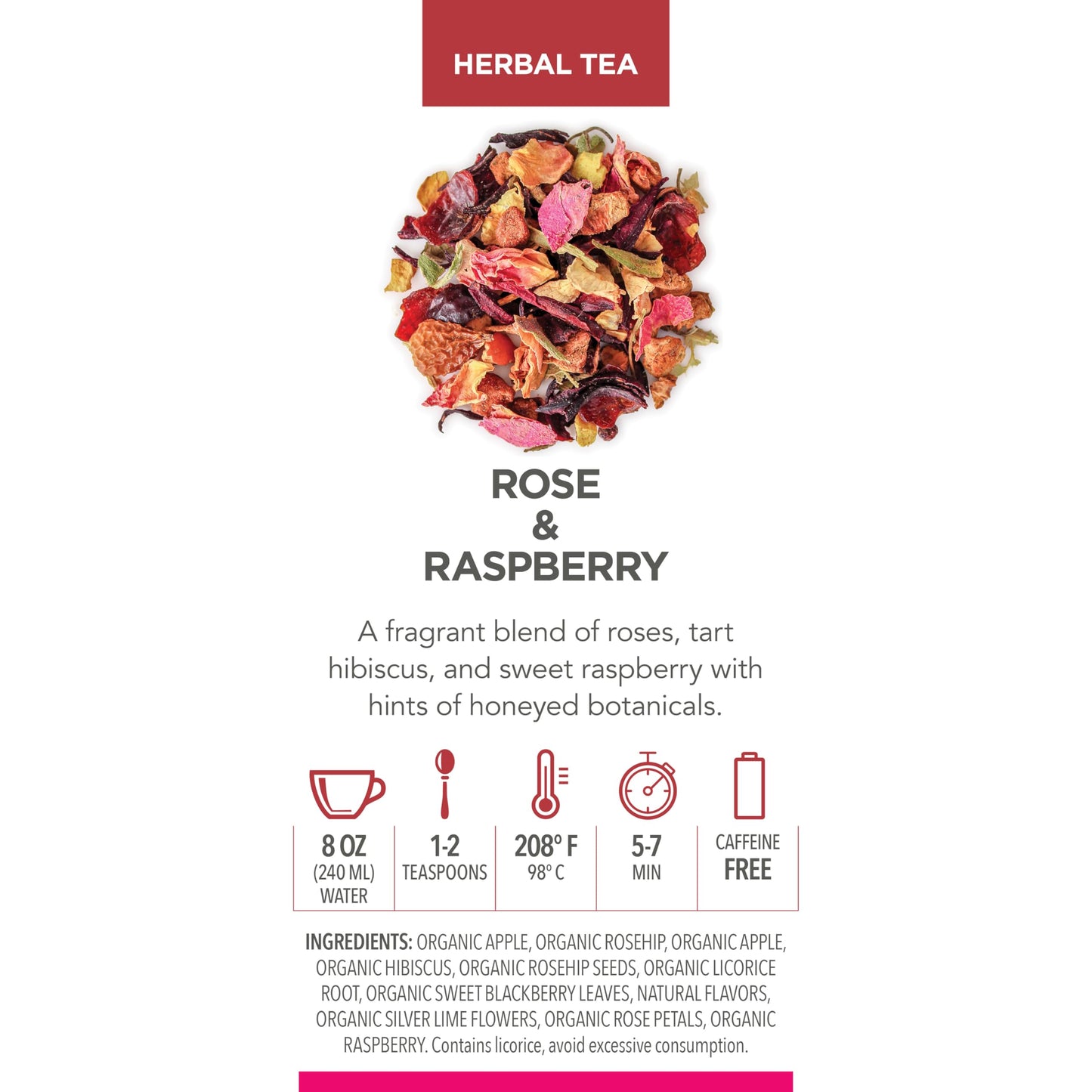 Teabloom Rose and Raspberry Loose Leaf Herbal Tea with Rose Petals & Berries | Floral Fruit Caffeine-Free Blend | Canister Makes 35-50 Cups |