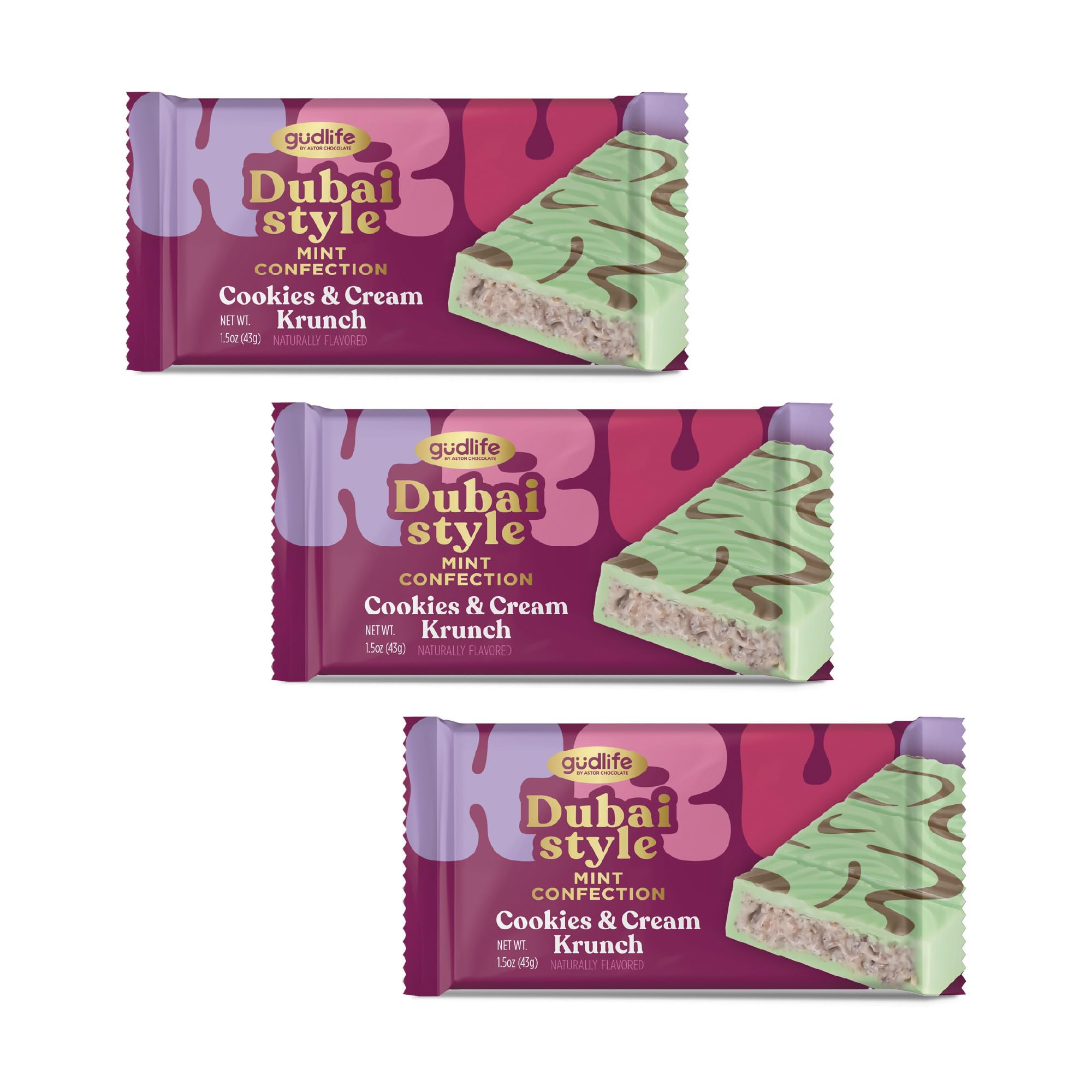 Gudlife Dubai Chocolate Mint 3-Pack | Refreshing Mint Cookies & Cream with Crunchy Cookies in White Chocolate Candy | Gourmet Dubai-Inspired Bites | 3