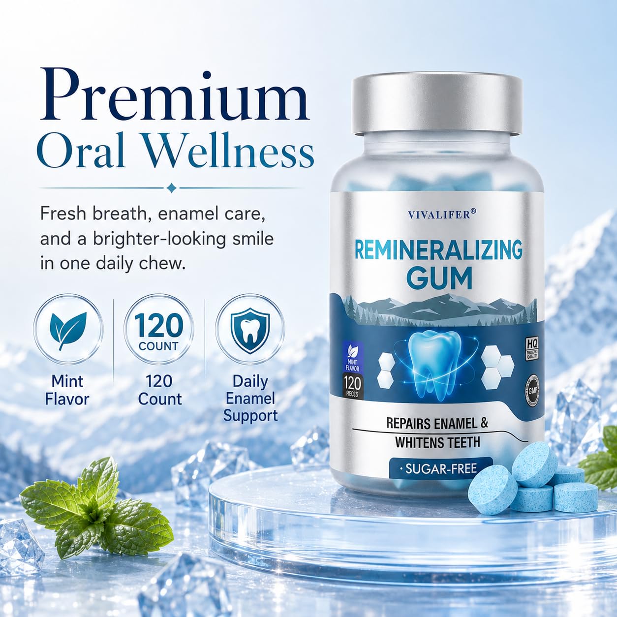 Remineralizing Chewing Gum for Enamel Strength, 240 Count Nano Hydroxyapatite Gum with Xylitol Sugar Free Oral Care Mints for Fresh Breath and Dry