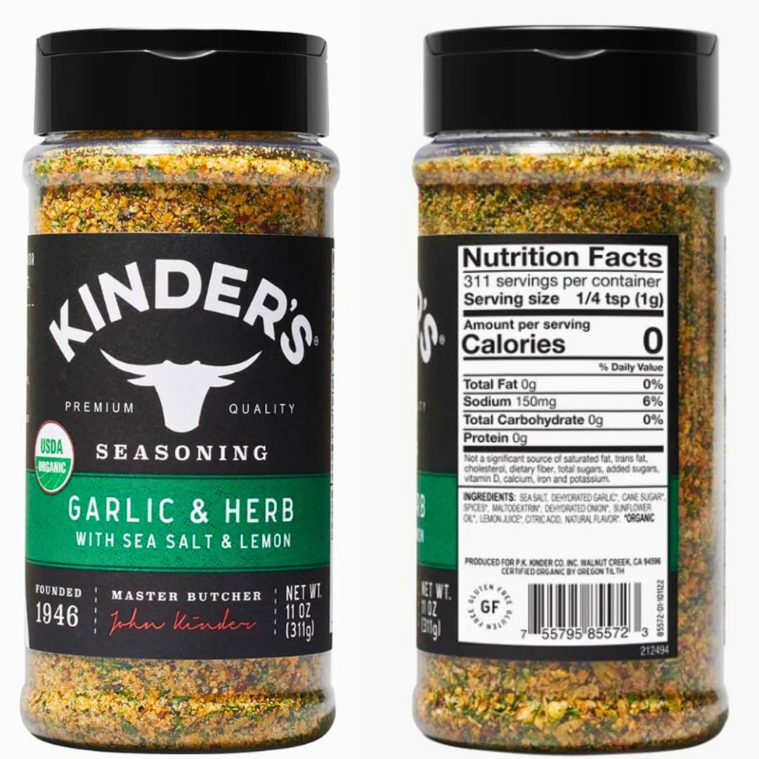 Kinder (Pack of 2 Organic Garlic & Herb Seasoning with Sea Salt & Lemon, USDA Organic, Gluten Free Dry Rub - Premium Spice Blend for Chicken, Seafood