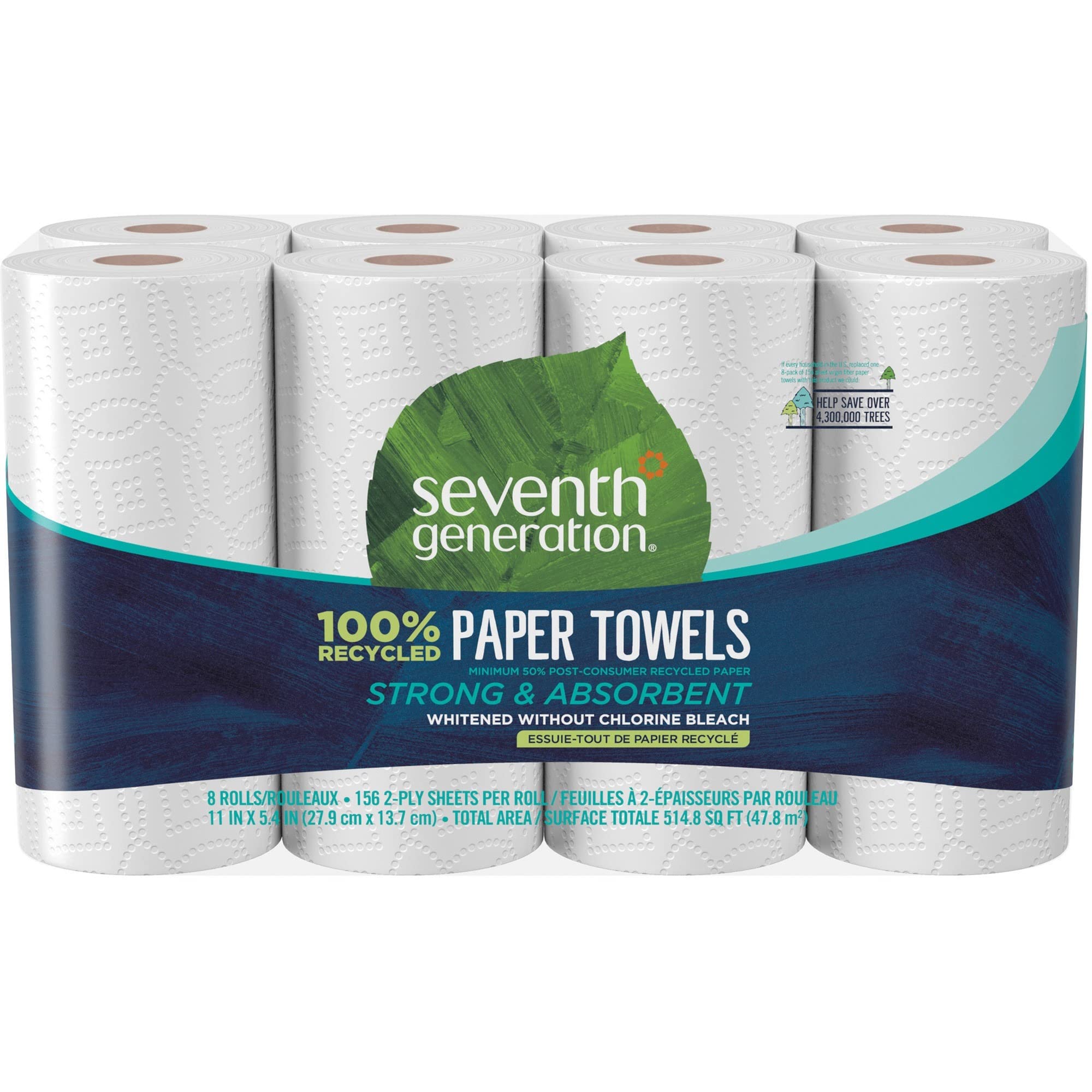 Seventh Generation 100% Recycled Paper Kitchen Towel Rolls, 2-Ply, 11 x 5.4, 156 Sheets/Roll, 8 Rolls/Pack