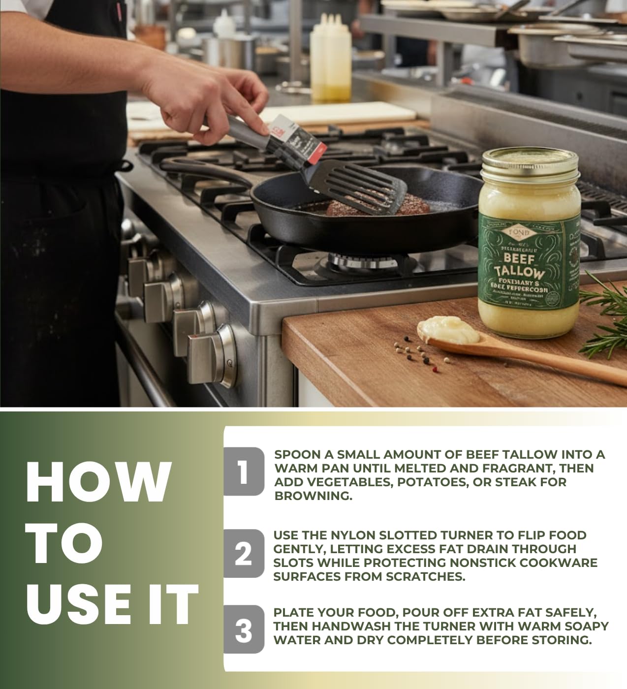 4x Beef Tallow Rosemary Pancetta 14 oz Bundle with Nylon Slotted Turner - Organic Beef Tallow for Cooking Rich Savory Cooking Fat and Silky Rendered