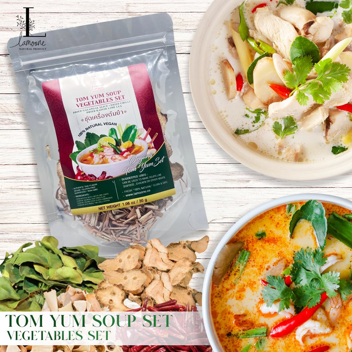 Lamoone Thai Tom Yum & Tom Kha Soup Spice Mix, Authentic Thai Herbs & Chili, Lemongrass Galangal Lime Leaves, 30g (1.06 oz), Makes 2-4 Servings