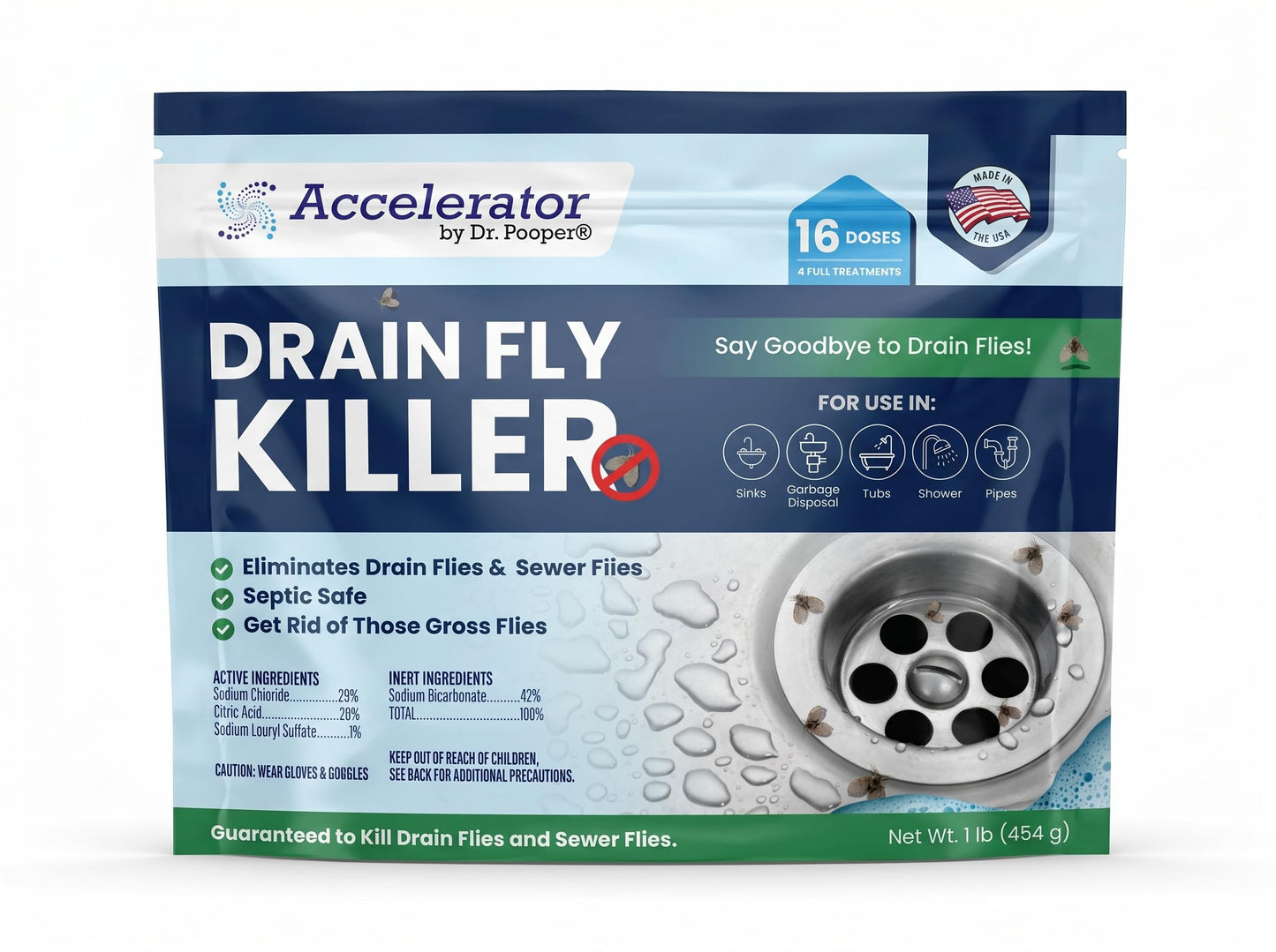 Drain Fly Killer Powder - Eliminates Drain Flies & Sewer Flies in Drains, Sinks, Showers - Fast-Acting Treatment - Septic Safe & Made in USA