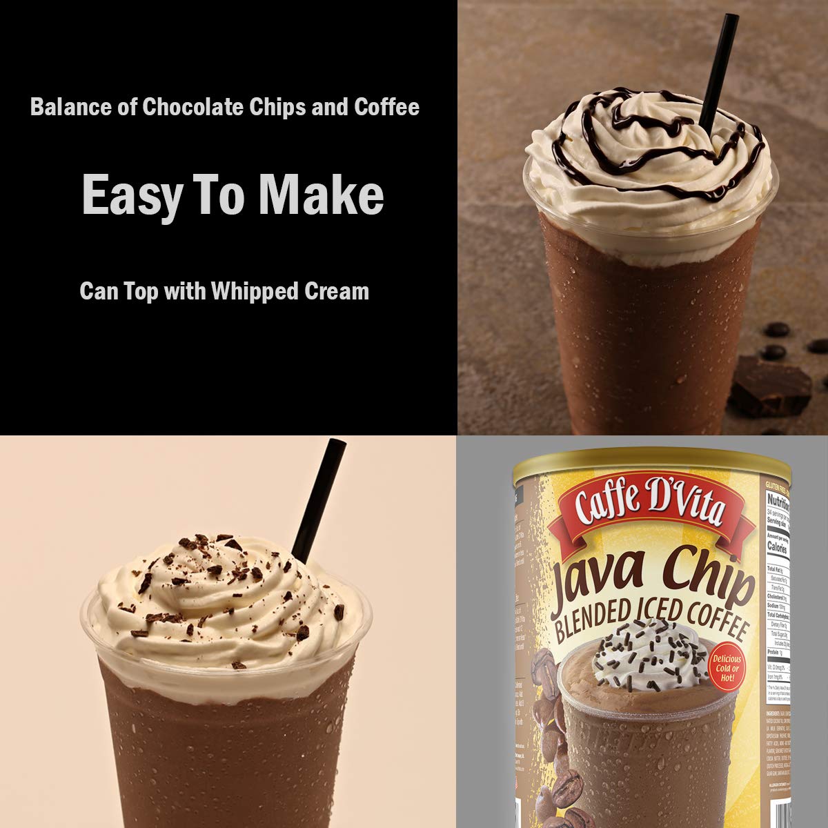 Caffe D'Vita Java Chip Latte Blended Ice Coffee - Java Chip Frappe Mix, Blended Iced Coffee Mix, Gluten Free, Low Fat, No Cholesterol, No Hydrogenated