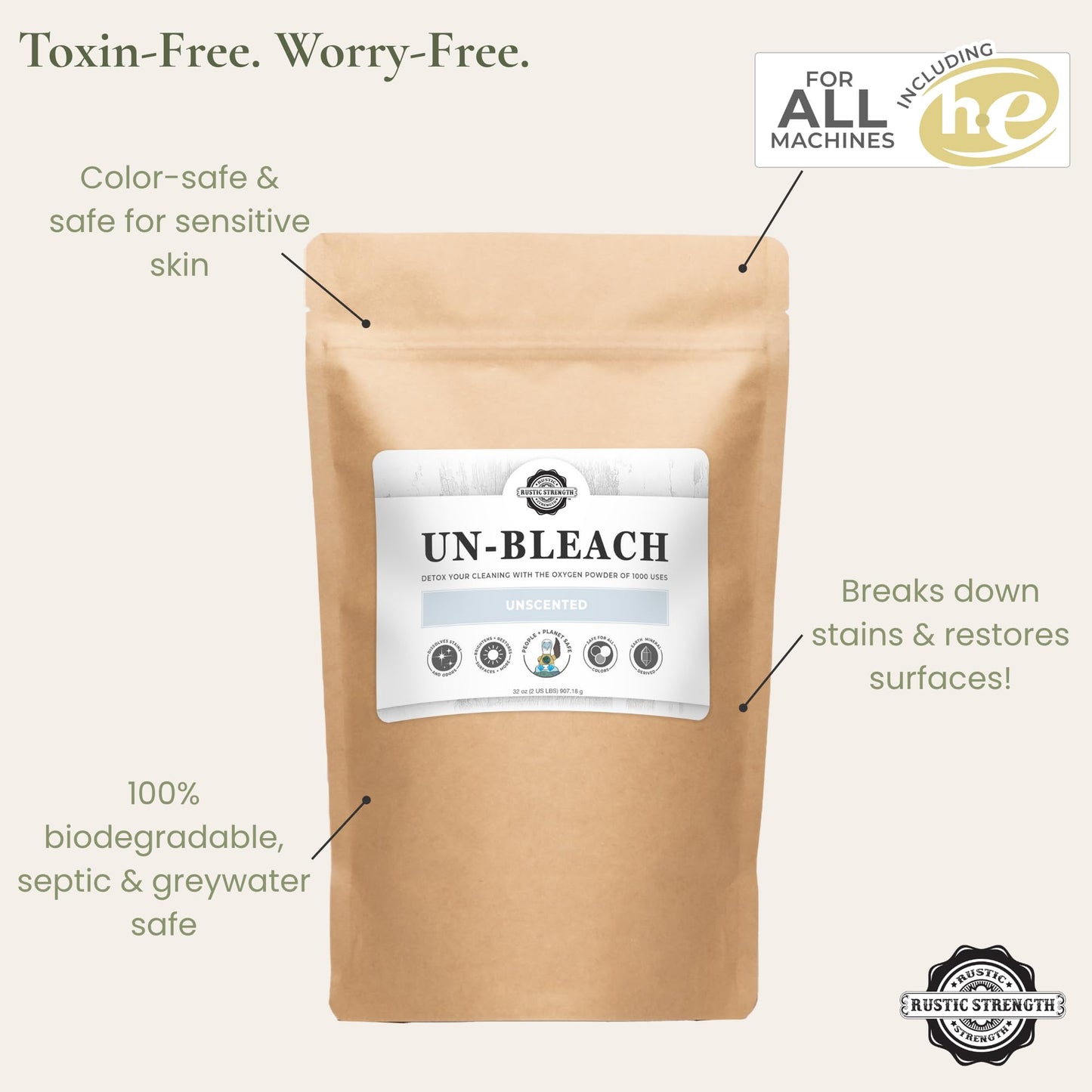 Rustic Strength Un-Bleach, Oxygen Bleach Alternative, Color Safe, Non-Toxic, Odor & Stain Remover, Biodegradable, 2 lb