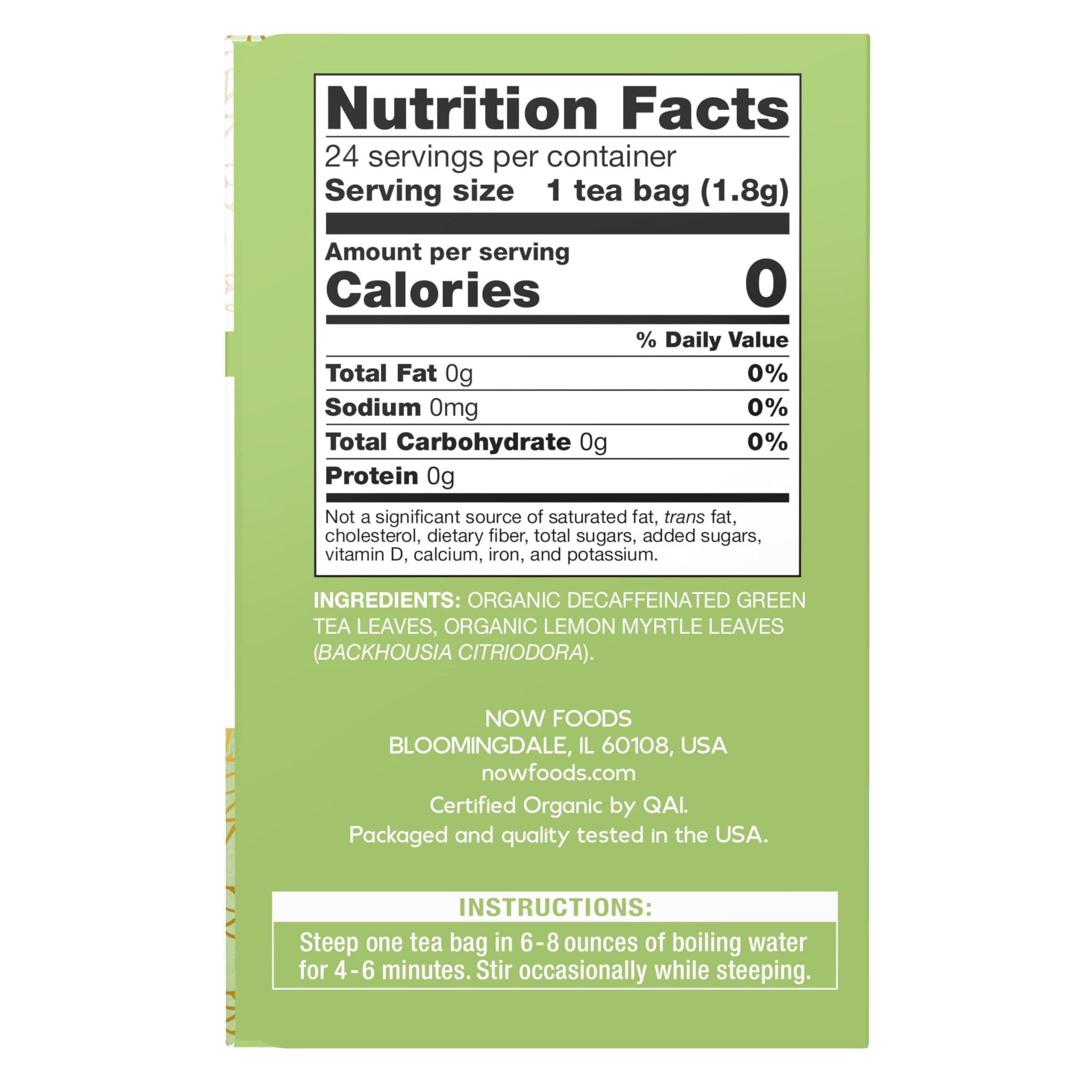 NOW Foods, Certified Organic Green Tranquility™ Tea, Decaf Green with Lemon Myrtle, Non-GMO, Premium Unbleached Tea Bags with No-Staples Design