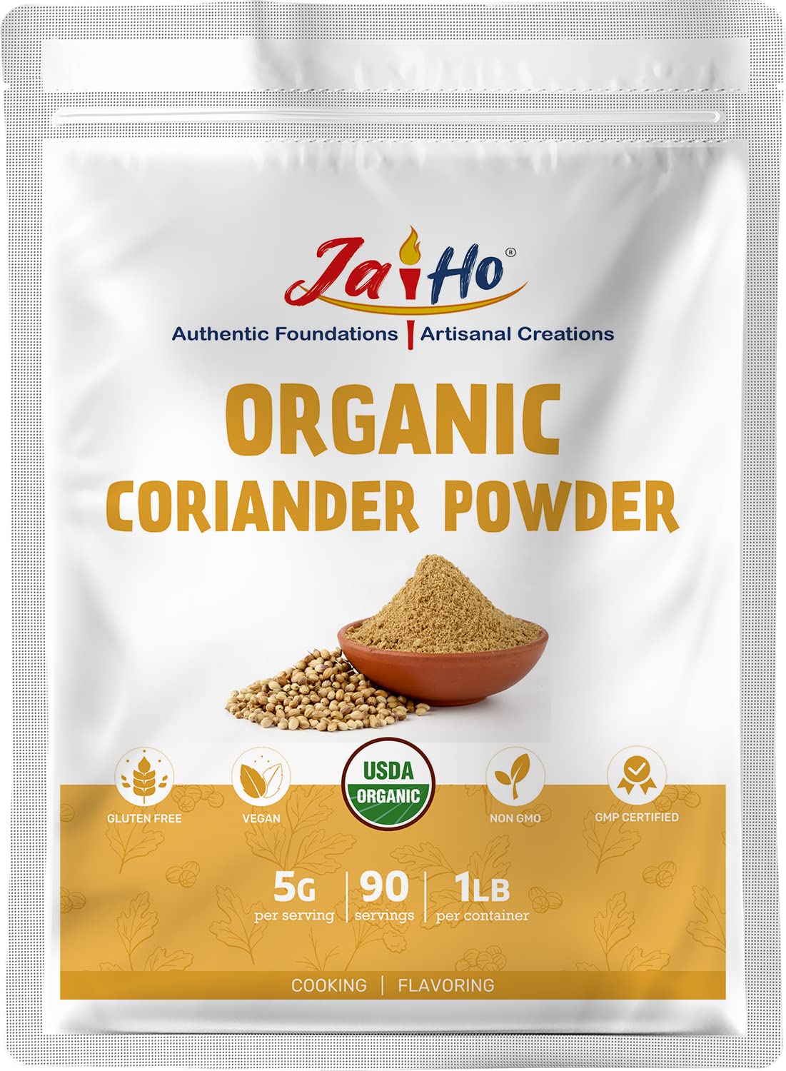 Jai Ho Certified USDA Organic Ground Coriander Powder - 1 LB - Gluten-Free, Vegan, Non-GMO - Resealable Zip Lock Pouch