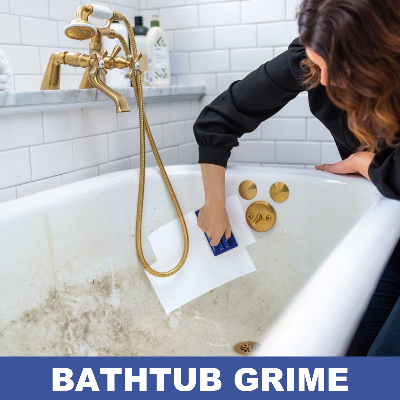 Handled Bath Scrubber, Bathroom Scouring Pad, Heavy Duty Cleaning Sponge Scrub Brush, Non-Scratch Remove Soap Scum, for Cleaning Shower Tile Bathtube