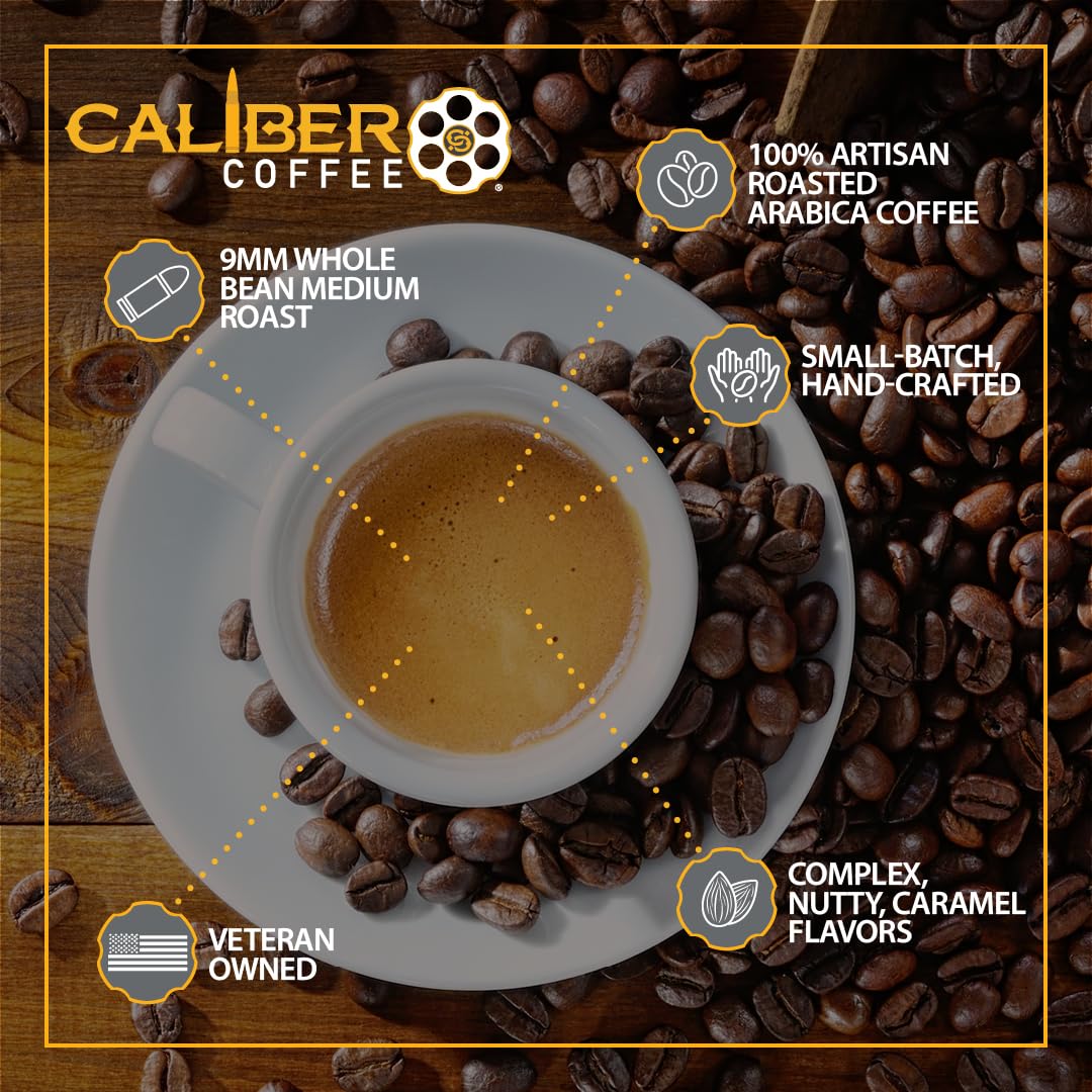 Caliber Coffee 9MM Ground Medium Roast - Complex, Nutty, Caramel Flavors - 100% Artisan Roasted Arabica Coffee - Small-Batch, Hand-Crafted - Veteran