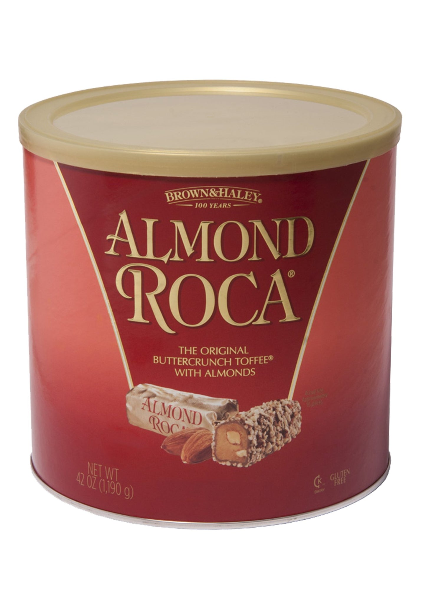 Brown & Haley Almond ROCA The Original Buttercrunch Toffee with Almonds Canister - Individually Wrapped Chocolate for Holiday Gift Basket - Gluten