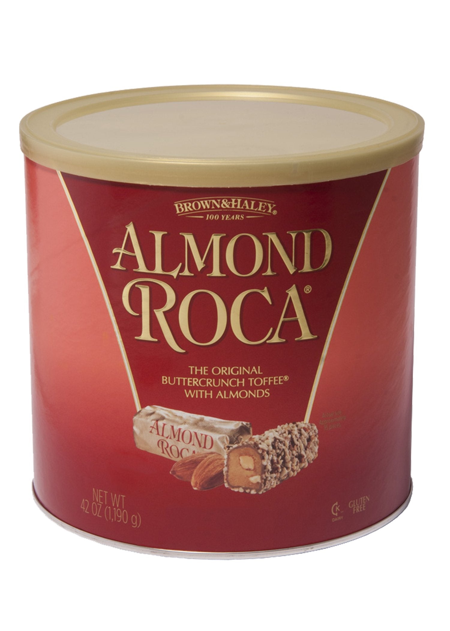 Brown & Haley Almond ROCA The Original Buttercrunch Toffee with Almonds Canister - Individually Wrapped Chocolate for Holiday Gift Basket - Gluten