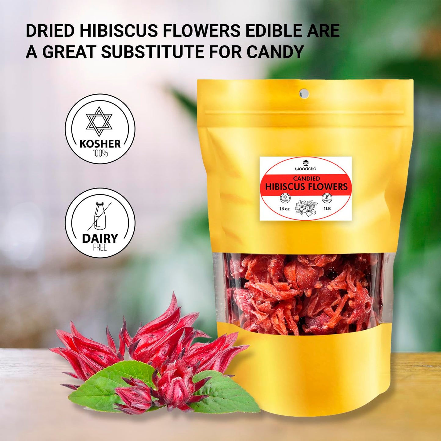 WOODCHA Candied Hibiscus, Dried Edible Flowers, Edible Hibiscus Flowers Cake Decorations, Hibiscus Food, Dehydrated Flowers, Roselle, Kosher