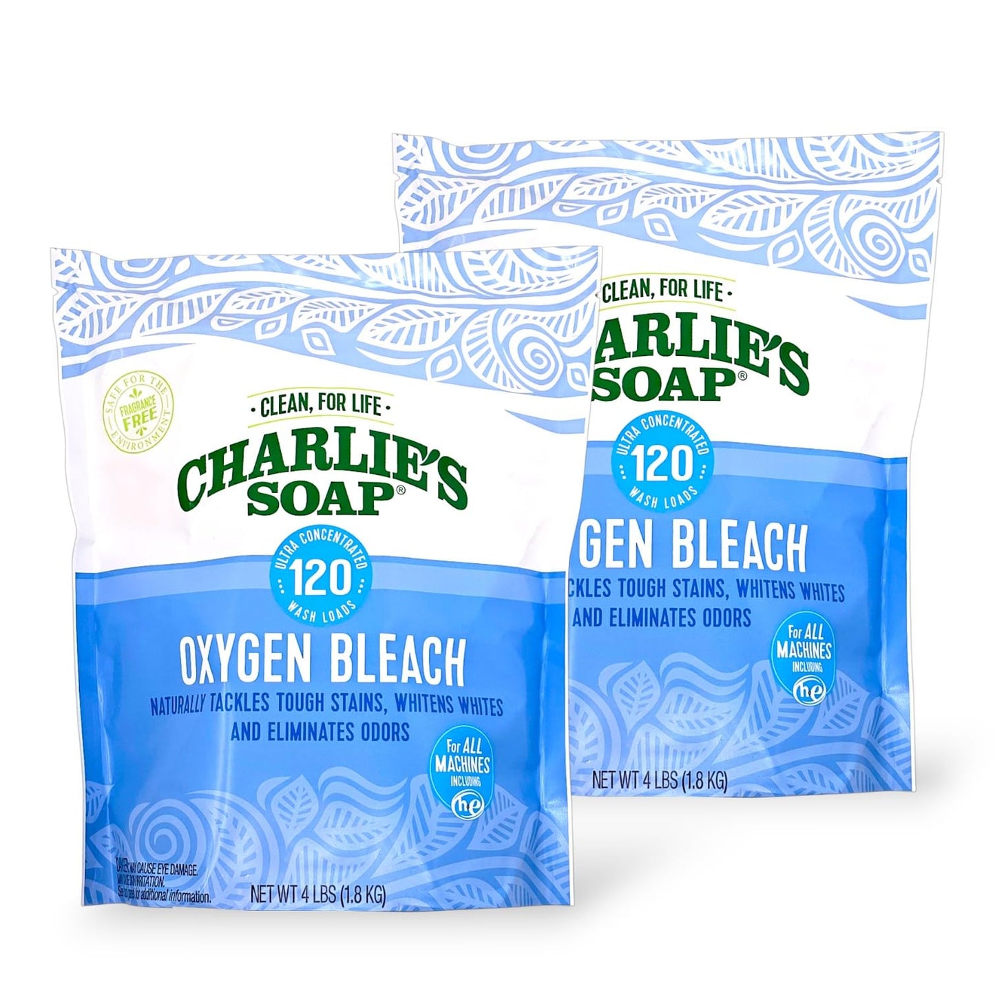 Charlie’s Soap Oxygen Bleach Powder for Laundry & Household Cleaning, Color-Safe & Chlorine-Free Stain Remover, 4 lb Bags (120 Loads Each), 2 Pack