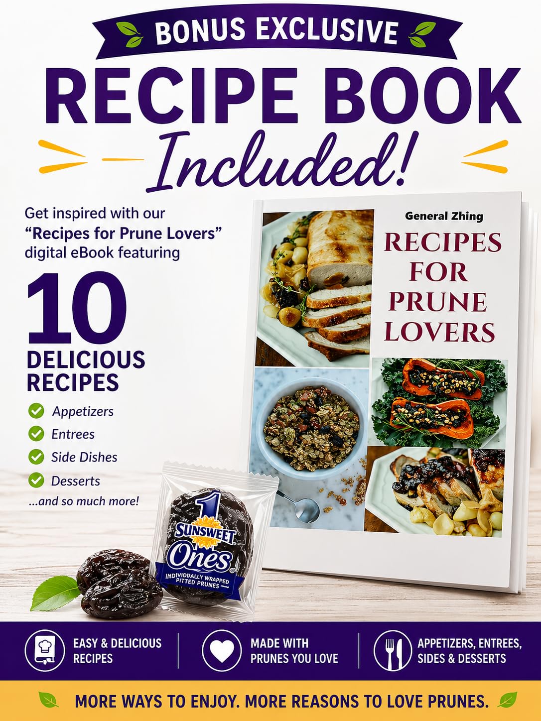 Sunsweet Ones Individual Pitted Prunes - 2 PACKS (12 oz each) of Individually Wrapped Dried Prunes PLUS Our Prune Recipe E-Book (Downloadable)