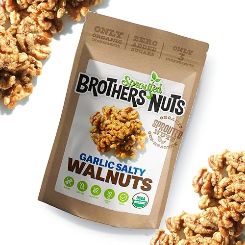Brothers Nuts Garlic Salty Walnuts - Organic, Sprouted Walnuts - Healthy Keto Snack - Vegan, Gluten-Free, Kosher - No Preservatives - 6 oz