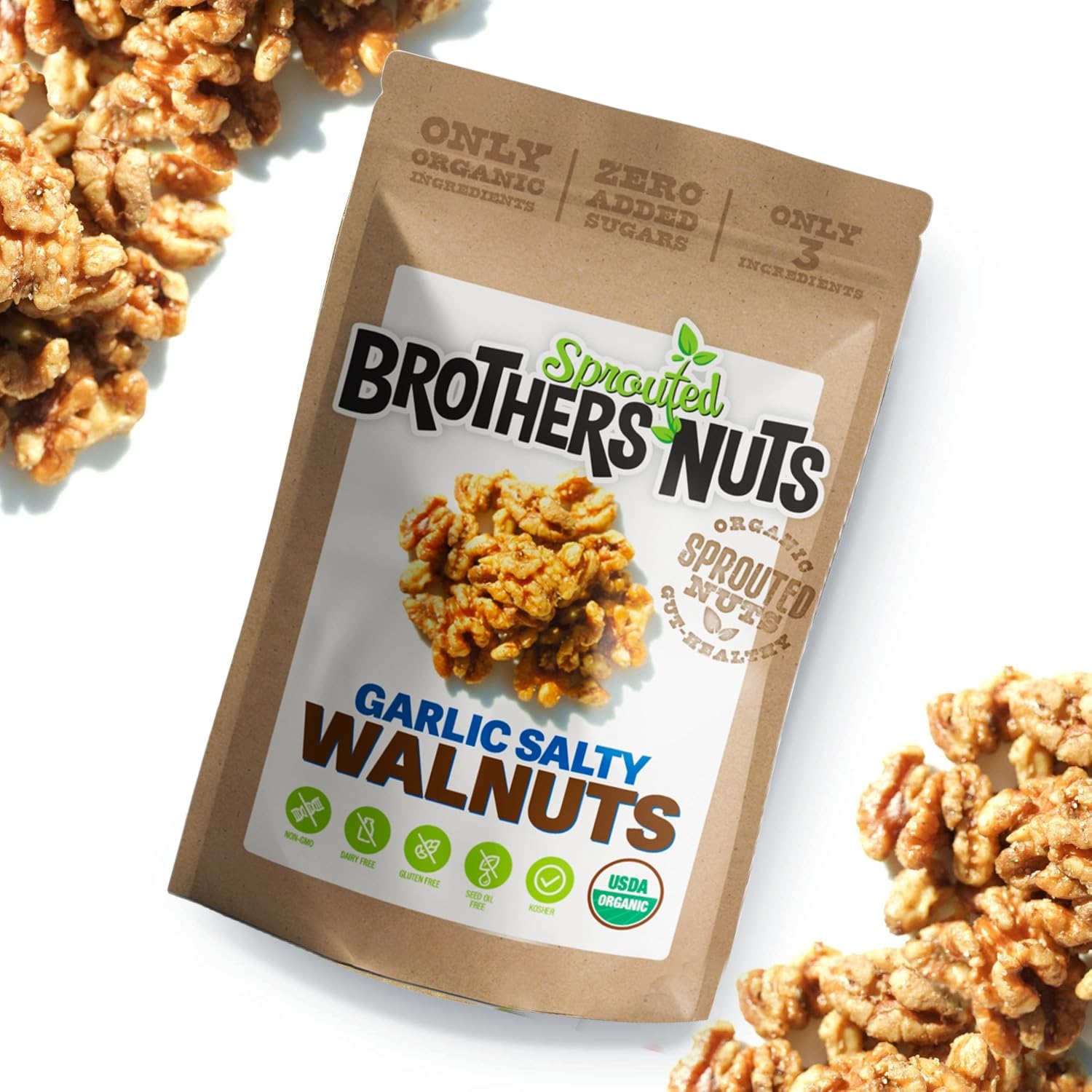 Brothers Nuts Garlic Salty Walnuts - Organic, Sprouted Walnuts - Healthy Keto Snack - Vegan, Gluten-Free, Kosher - No Preservatives - 6 oz