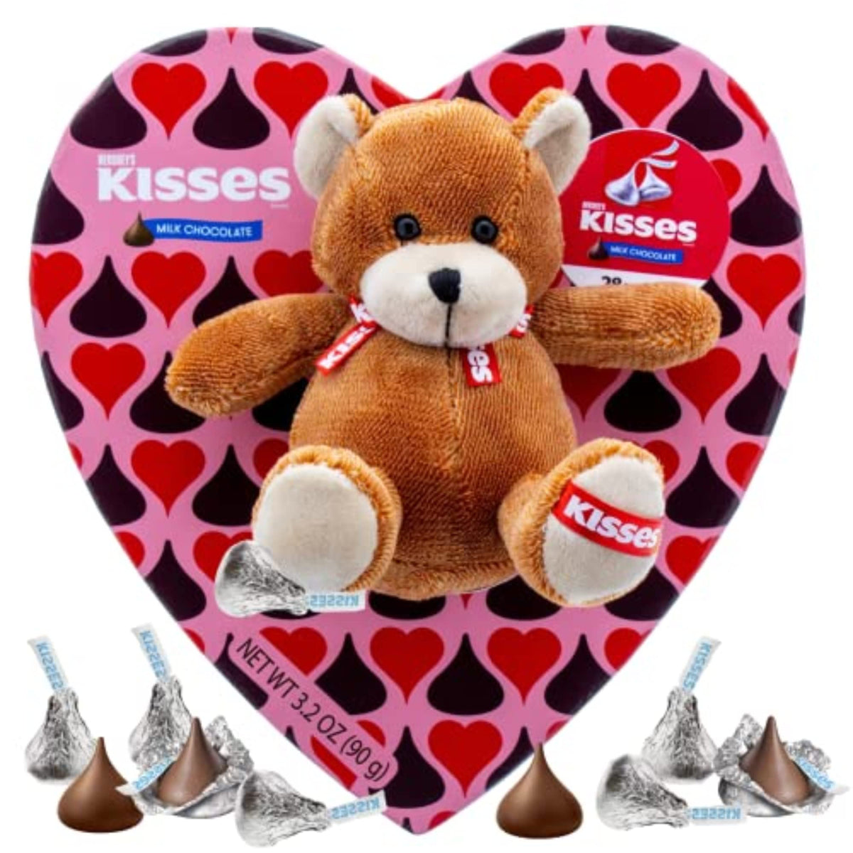 Hershey Kisses Chocolate Heart Box with Brown Bear Stuffed Animal, Individually Wrapped Candies, Valentines Gift